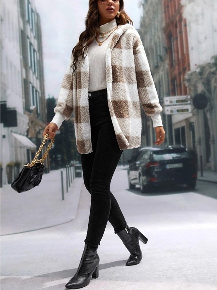 Plaid Urban Pocket Stitching Hooded Jacket