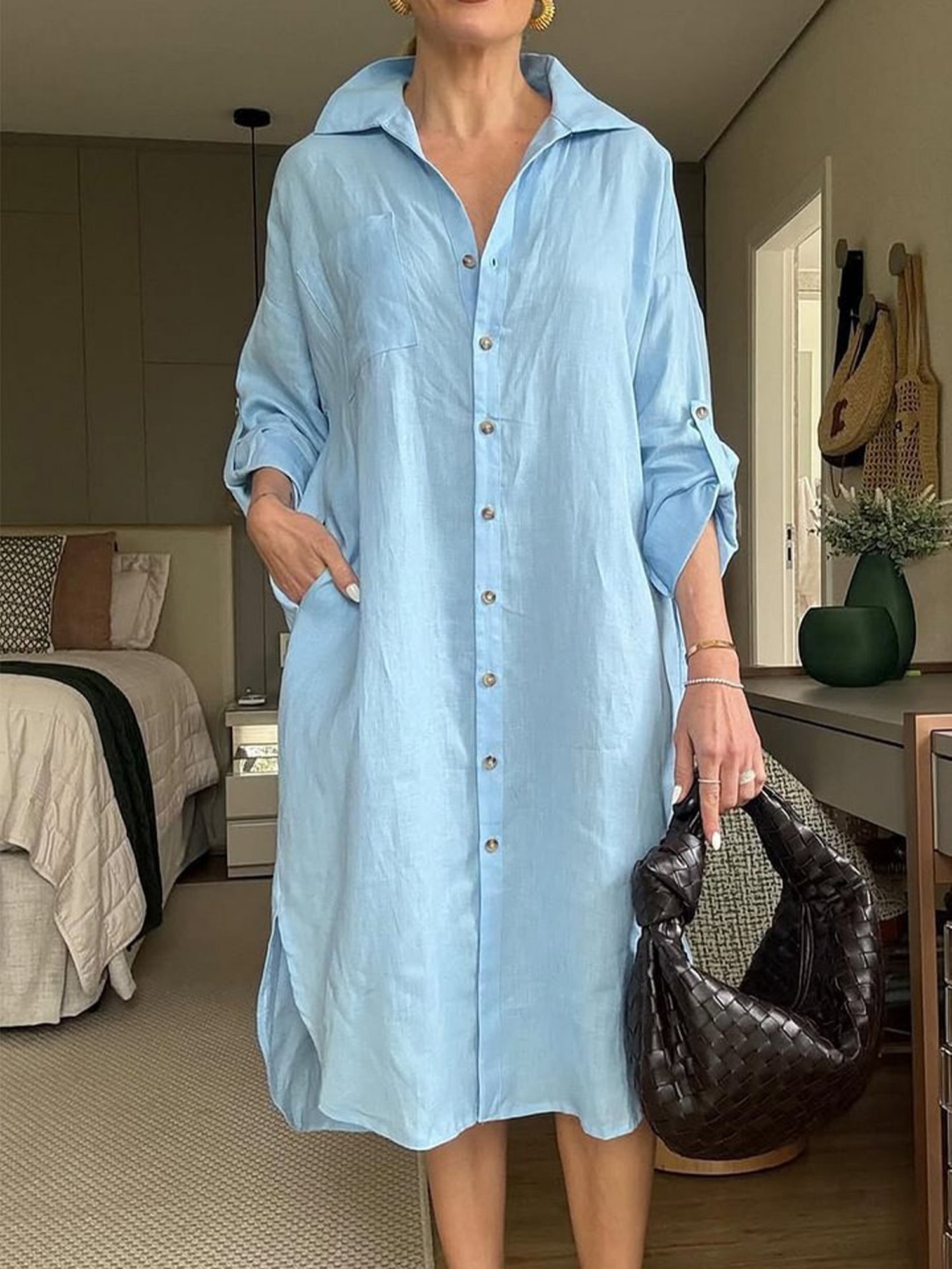 Casual Plain Shirt Collar Midi Dress