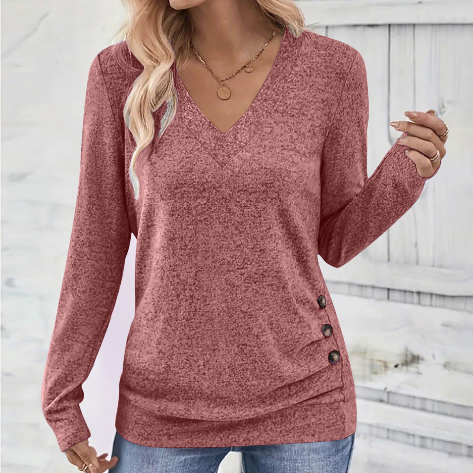 Women Plain V Neck Casual Long Sleeve T-shirt