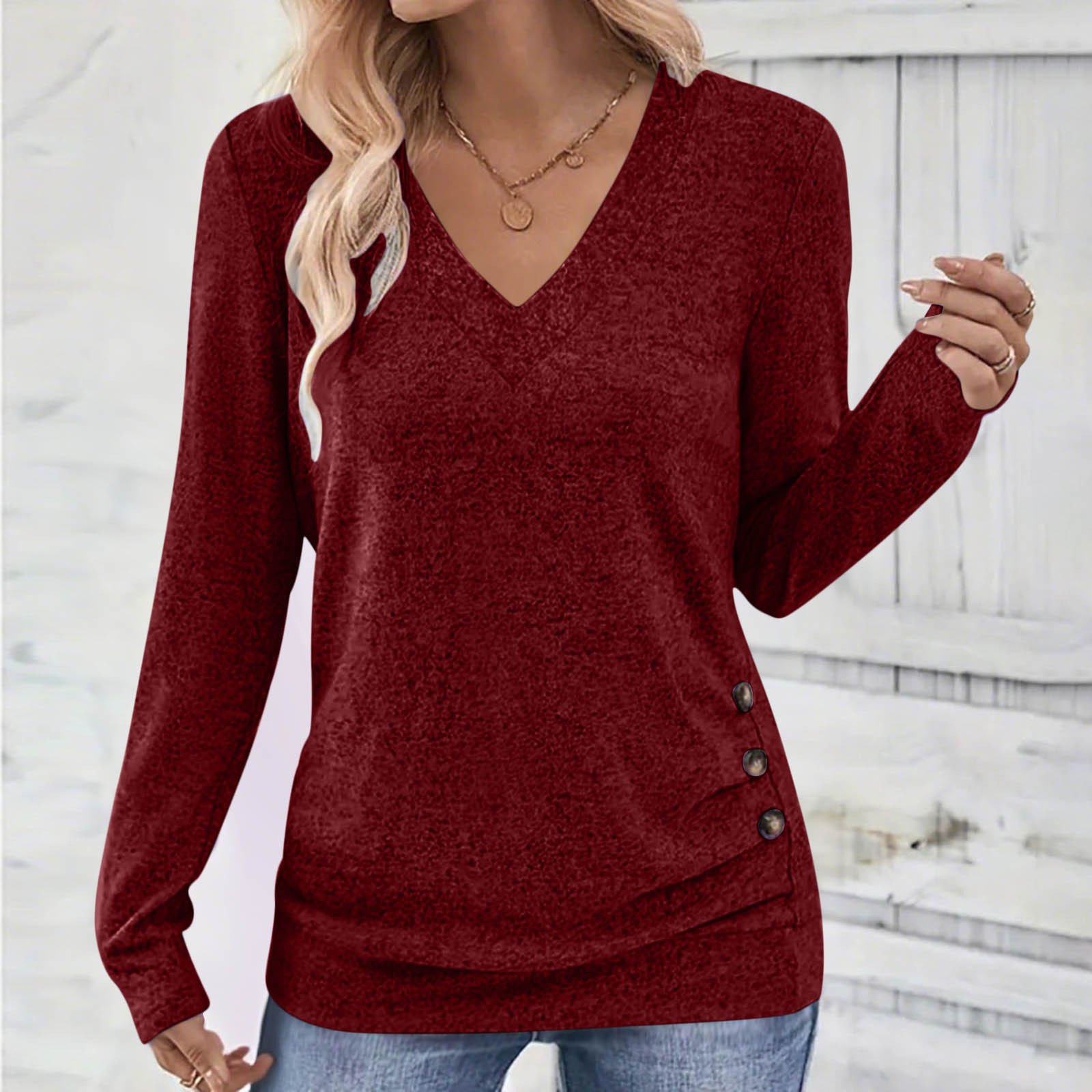 Women Plain V Neck Casual Long Sleeve T-shirt
