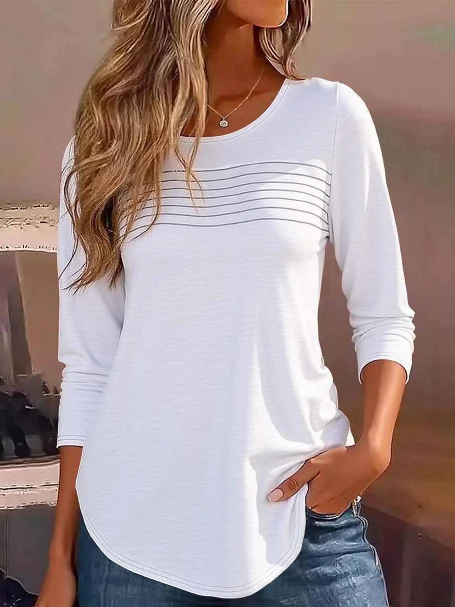Women Plain Crew Neck Casual Long Sleeve T-shirt