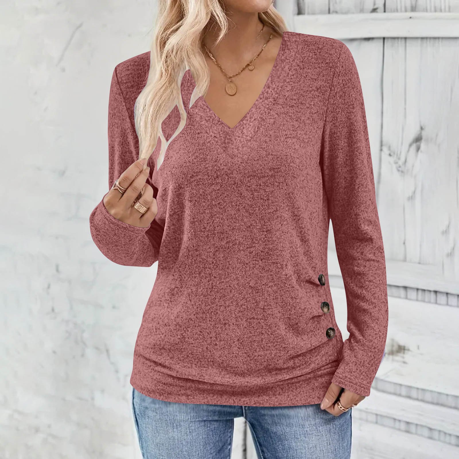 Women Plain V Neck Casual Long Sleeve T-shirt