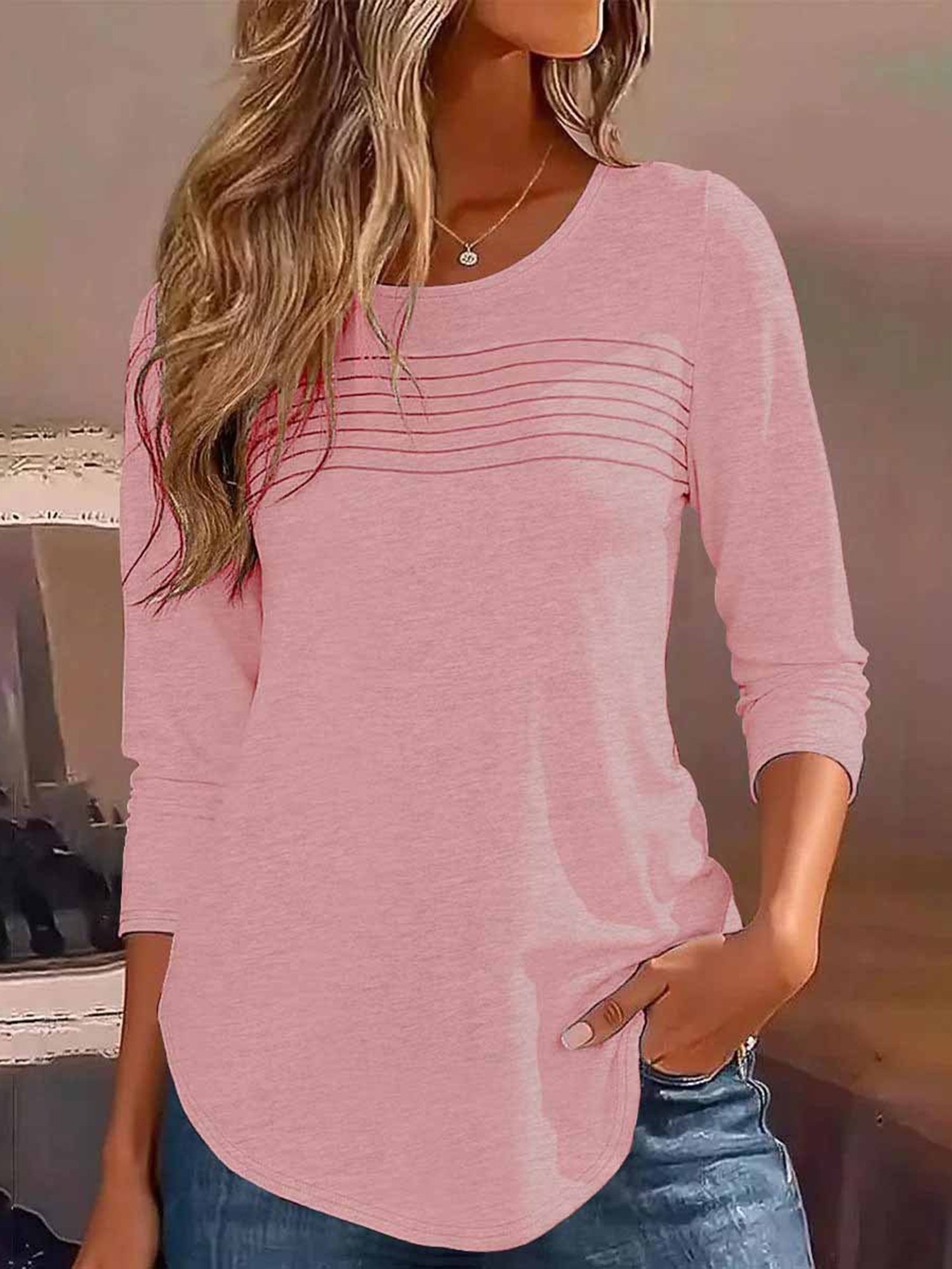 Women Plain Crew Neck Casual Long Sleeve T-shirt