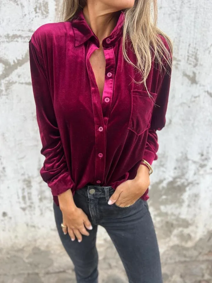 Women's Long Sleeve Shirt Spring/Fall Coffee Plain Split Joint Pleuche V Neck Daily Going Out Casual Top