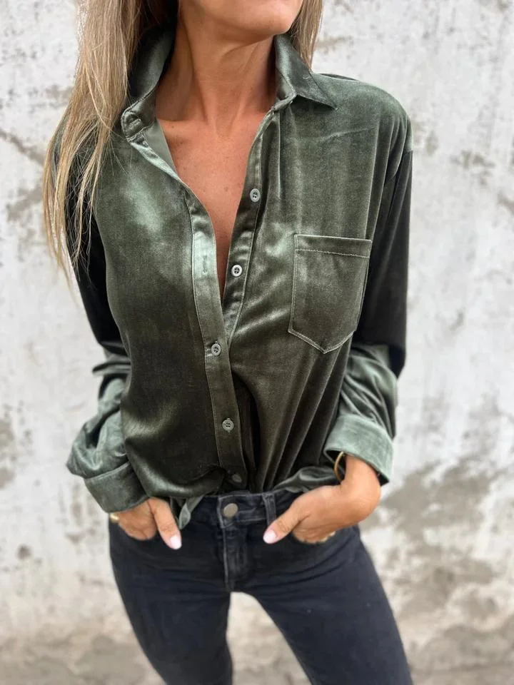 Women's Long Sleeve Shirt Spring/Fall Coffee Plain Split Joint Pleuche V Neck Daily Going Out Casual Top