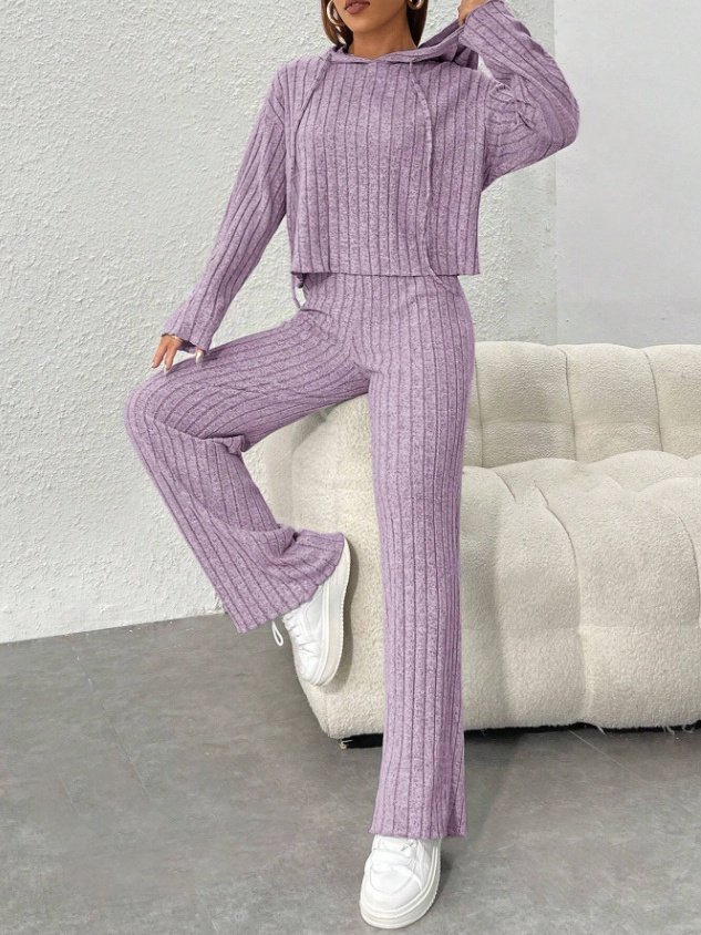 Women's Embossed Plain Daily Going Out Two-Piece Set Purple Casual Spring/Fall Top With Pants Matching Set
