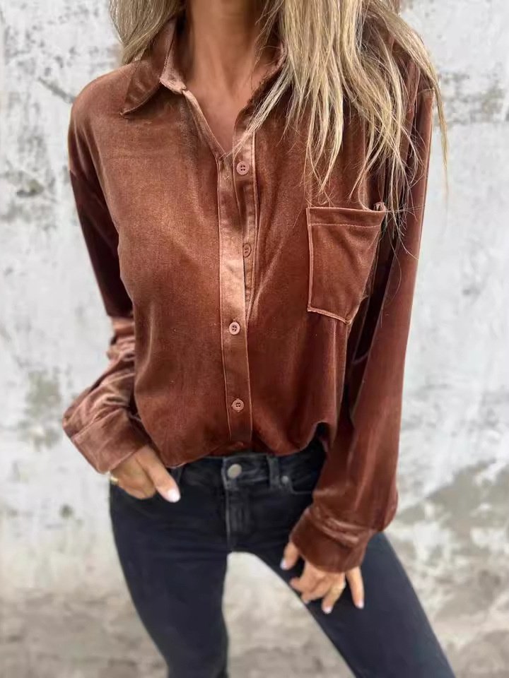 Women's Long Sleeve Shirt Spring/Fall Coffee Plain Split Joint Pleuche V Neck Daily Going Out Casual Top
