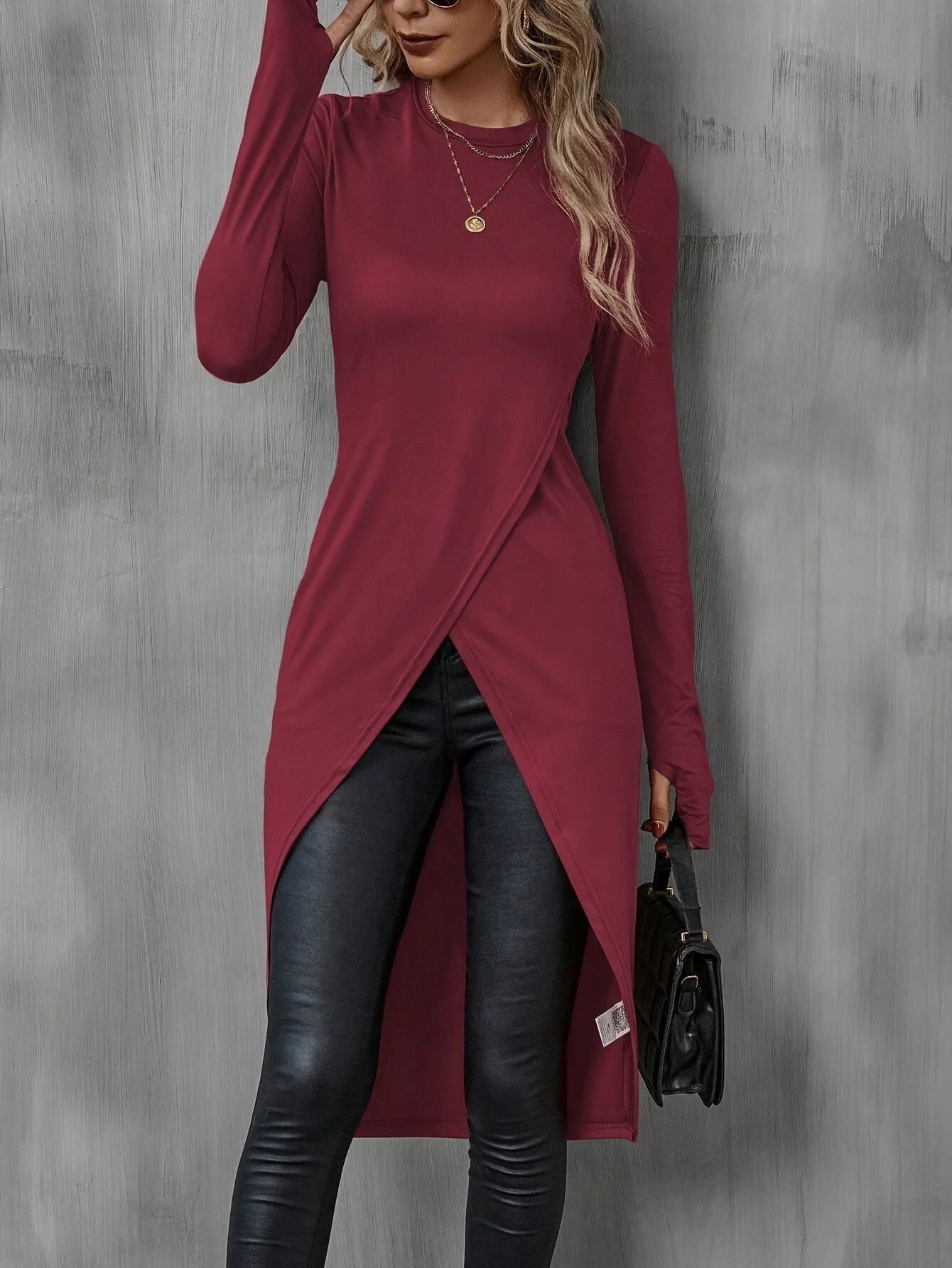 Women Plain Crew Neck Vintage Long Sleeve T-shirt