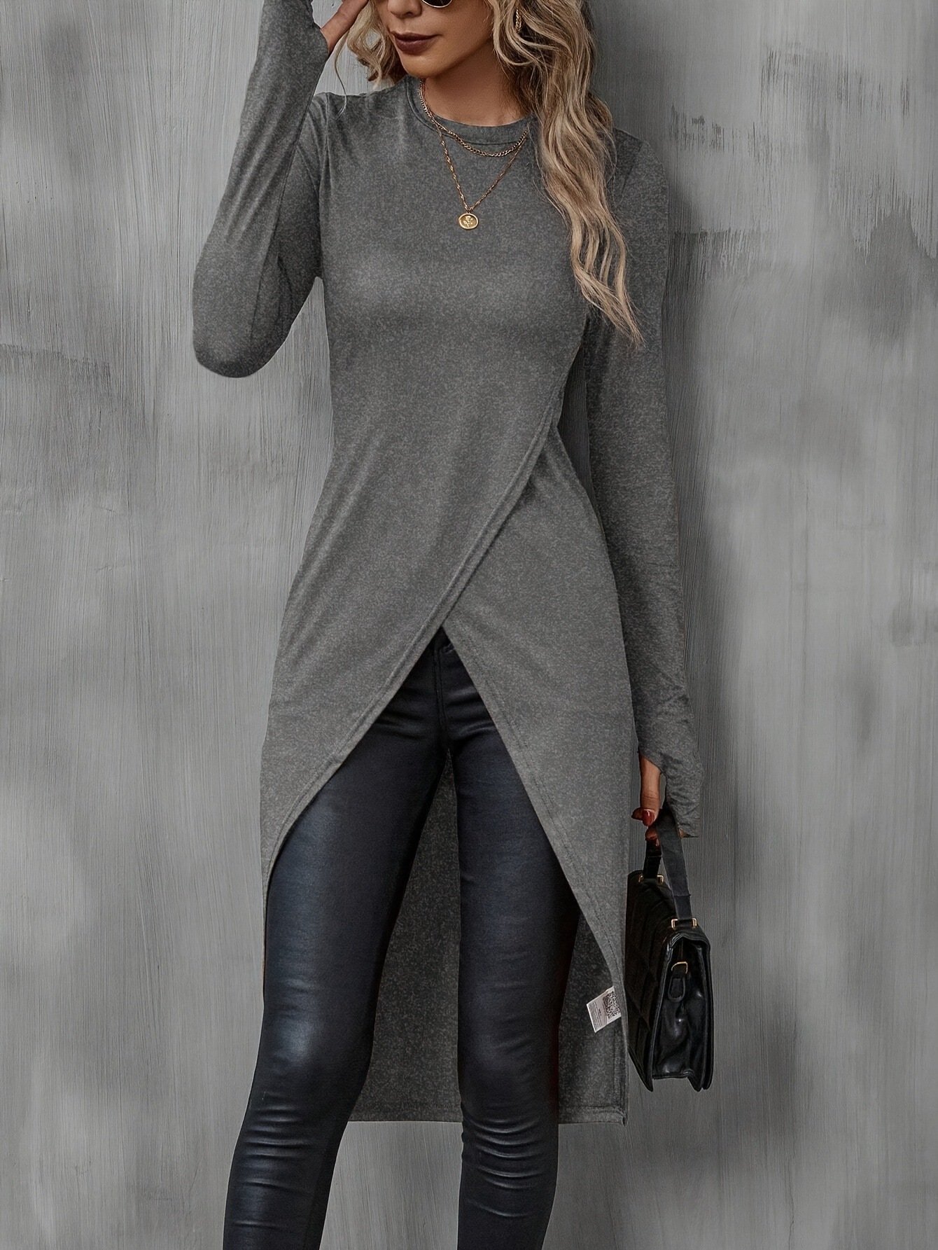 Women Plain Crew Neck Vintage Long Sleeve T-shirt