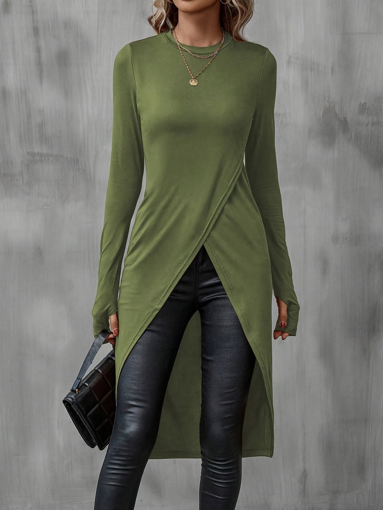 Women Plain Crew Neck Vintage Long Sleeve T-shirt