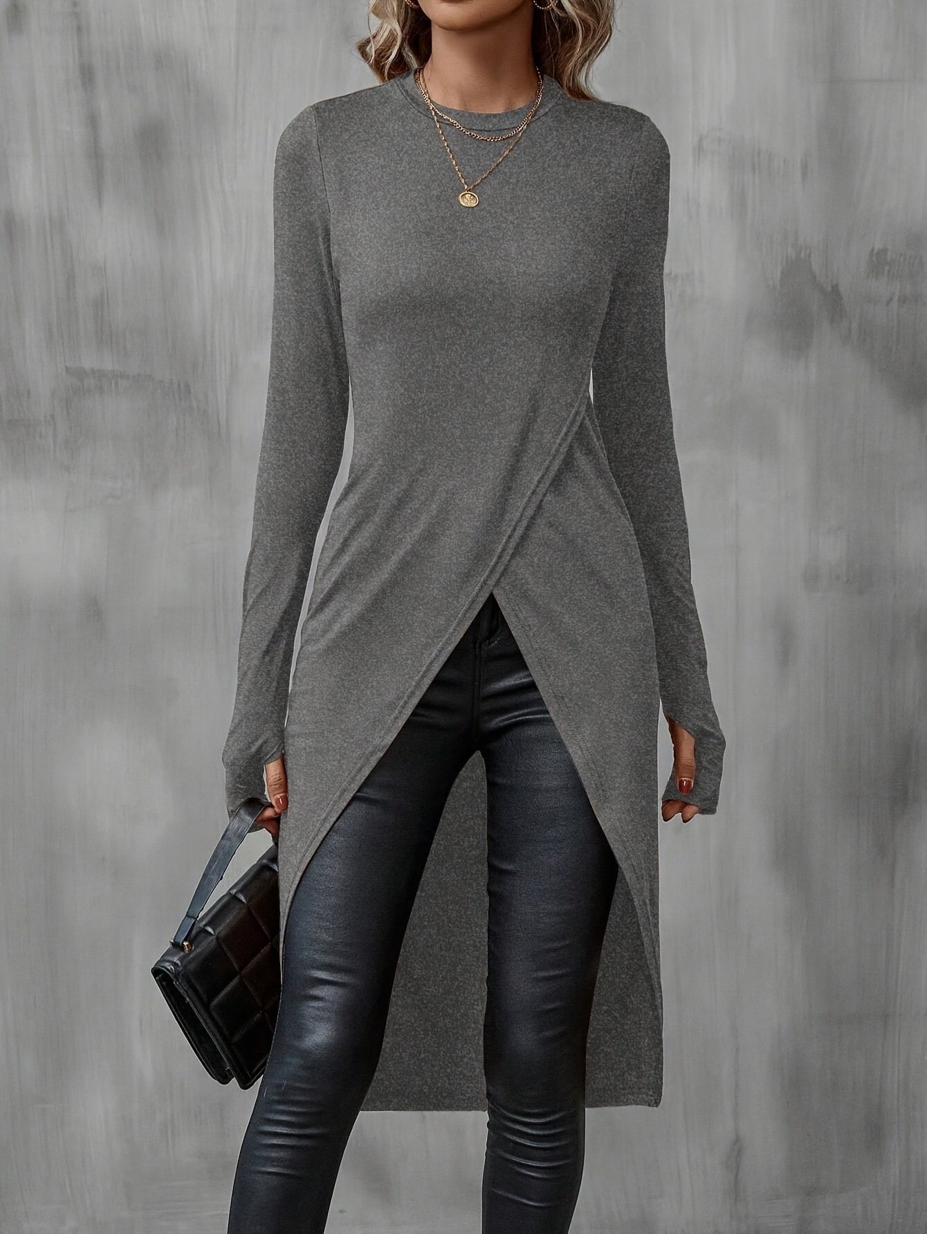 Women Plain Crew Neck Vintage Long Sleeve T-shirt