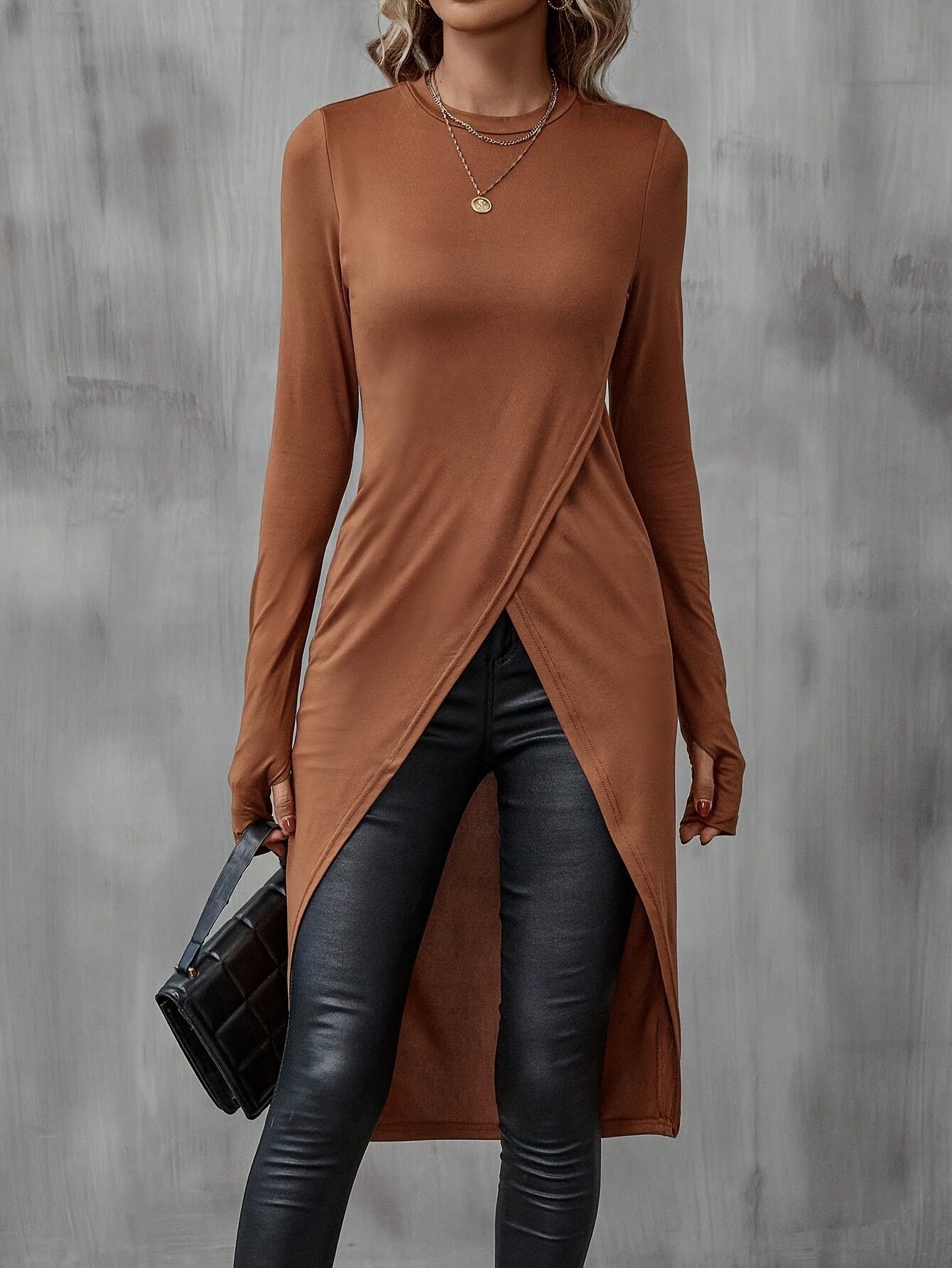 Women Plain Crew Neck Vintage Long Sleeve T-shirt