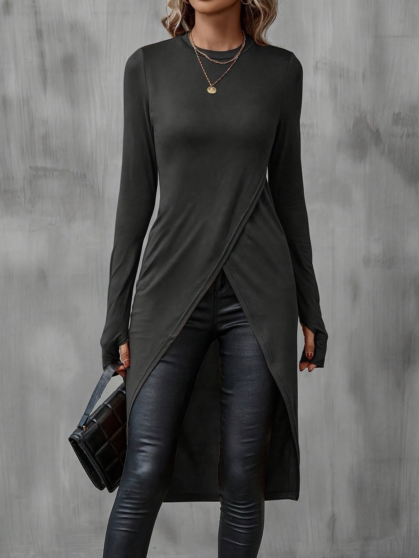 Women Plain Crew Neck Vintage Long Sleeve T-shirt