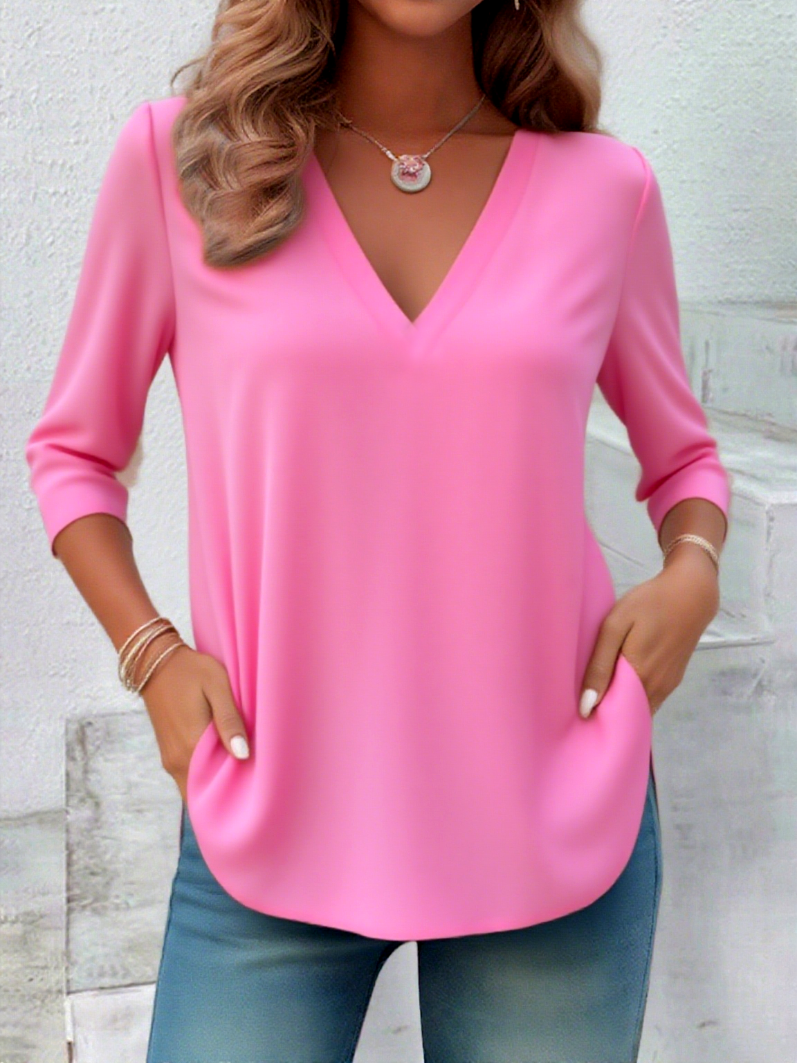 Women Plain V Neck Casual Long Sleeve T-shirt