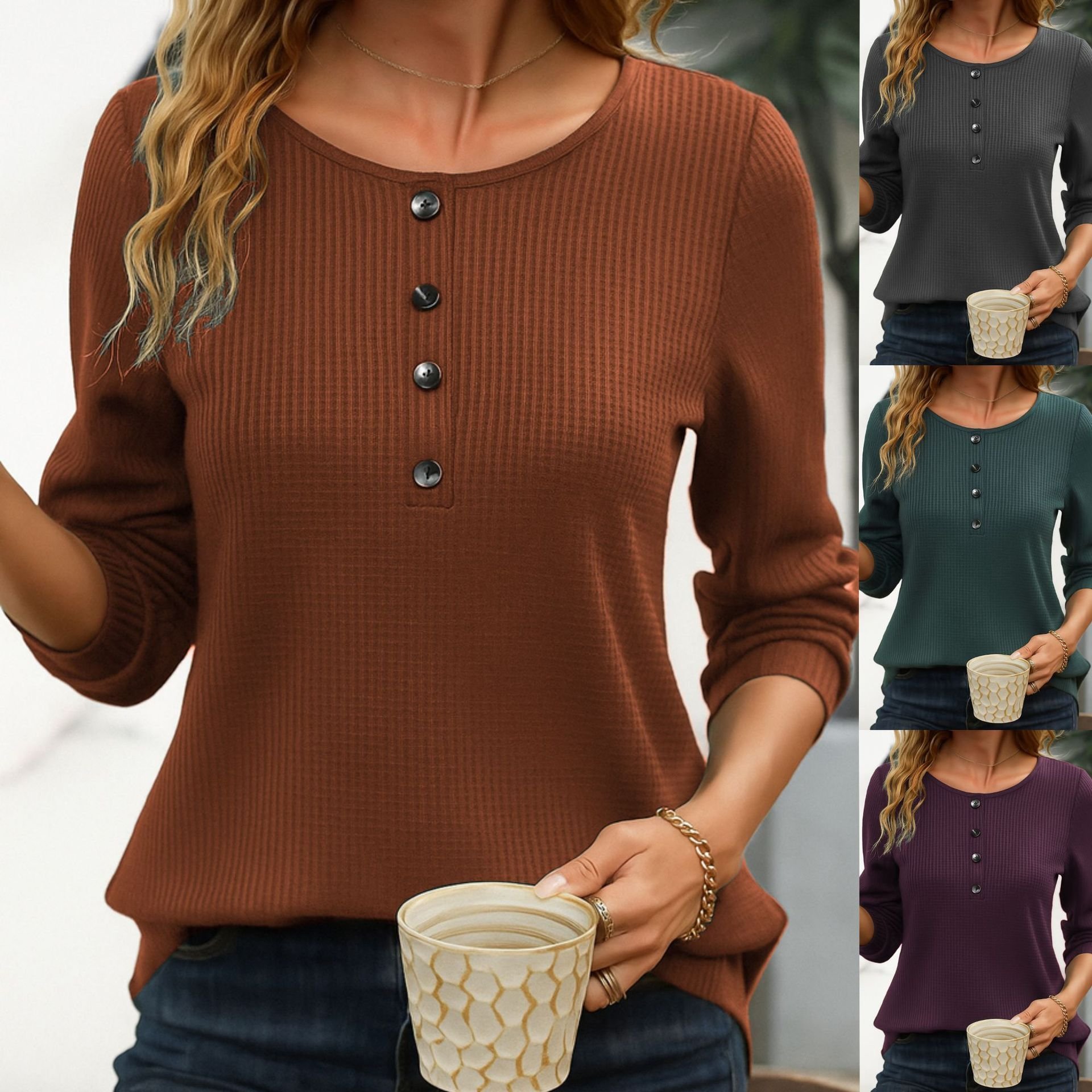 Women Plain Crew Neck Casual Long Sleeve T-shirt