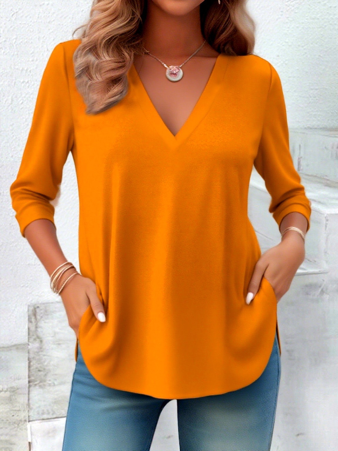 Women Plain V Neck Casual Long Sleeve T-shirt