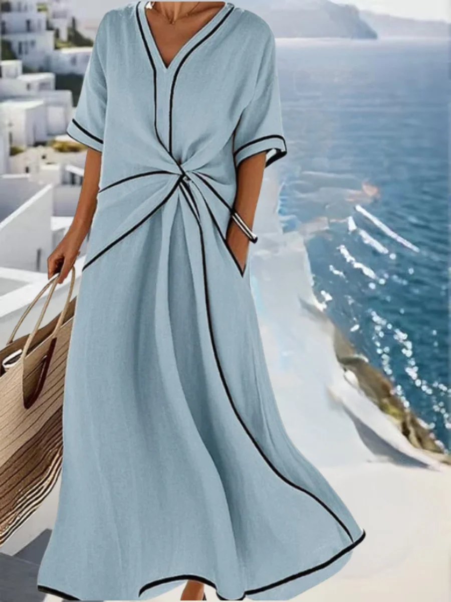 Women's Short Sleeve Summer Light Khaki Plain Split Joint V Neck Daily Going Out Vintage Maxi A-Line Tank Dress