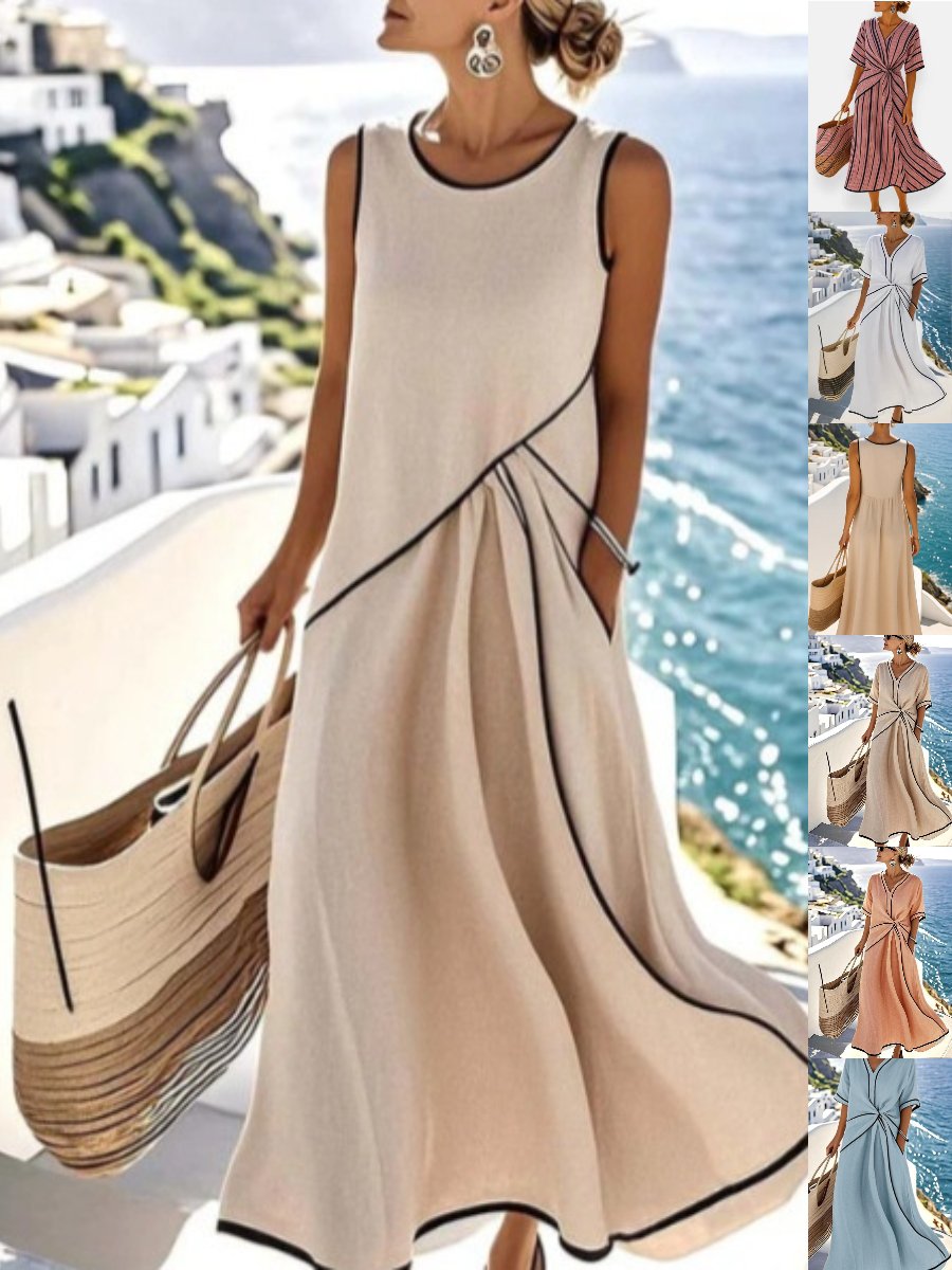 Women's Short Sleeve Summer Light Khaki Plain Split Joint V Neck Daily Going Out Vintage Maxi A-Line Tank Dress