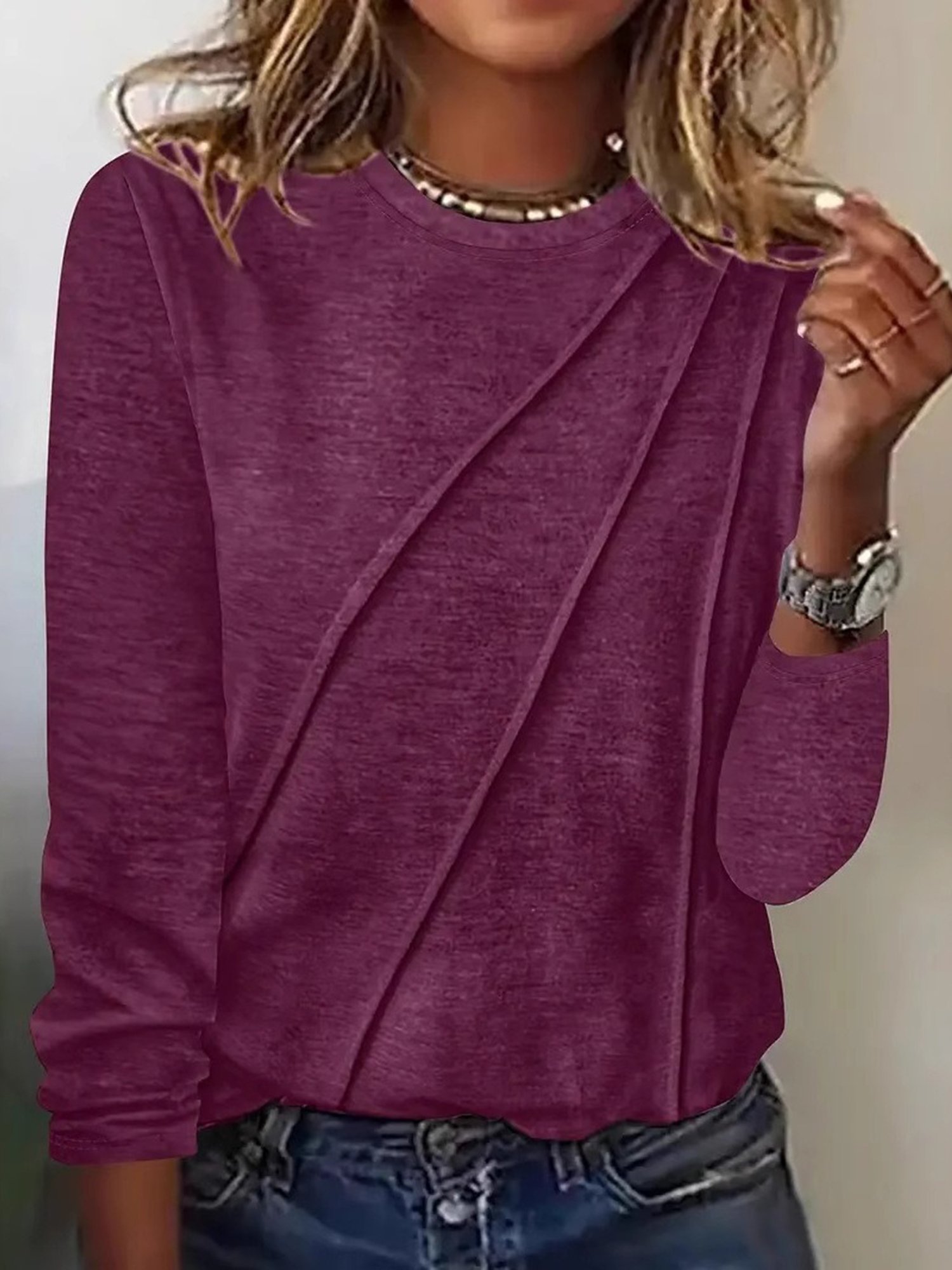 Women Plain Crew Neck Casual Long Sleeve T-shirt