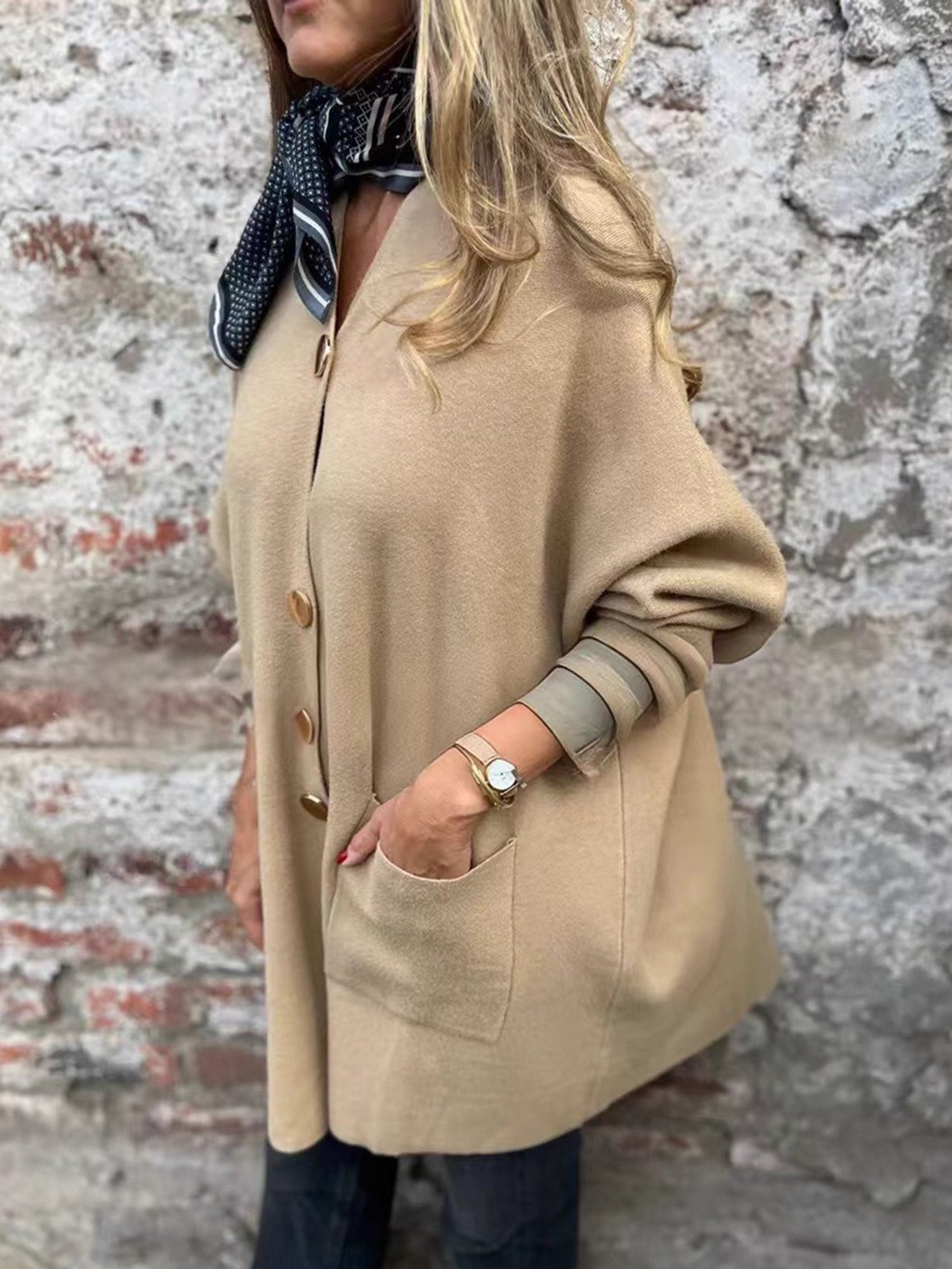 Casual Plain Buttoned Crew Neck Cardigan