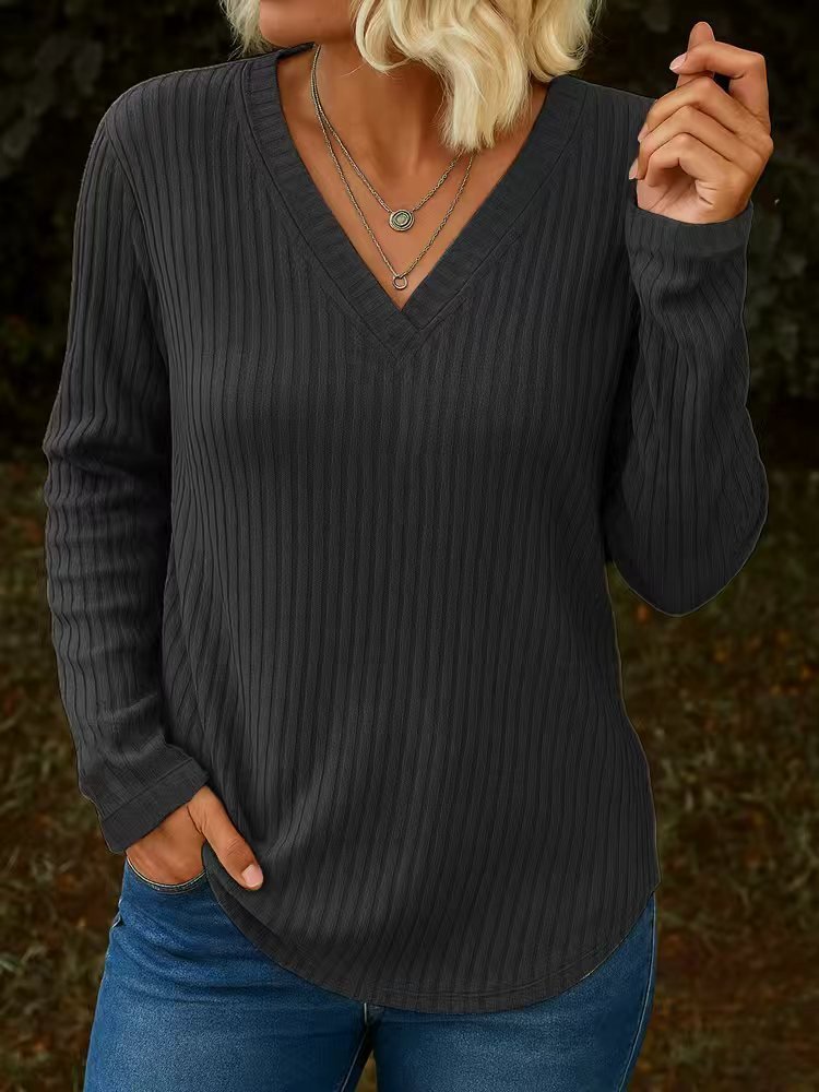 Women Plain V Neck Casual Long Sleeve T-shirt