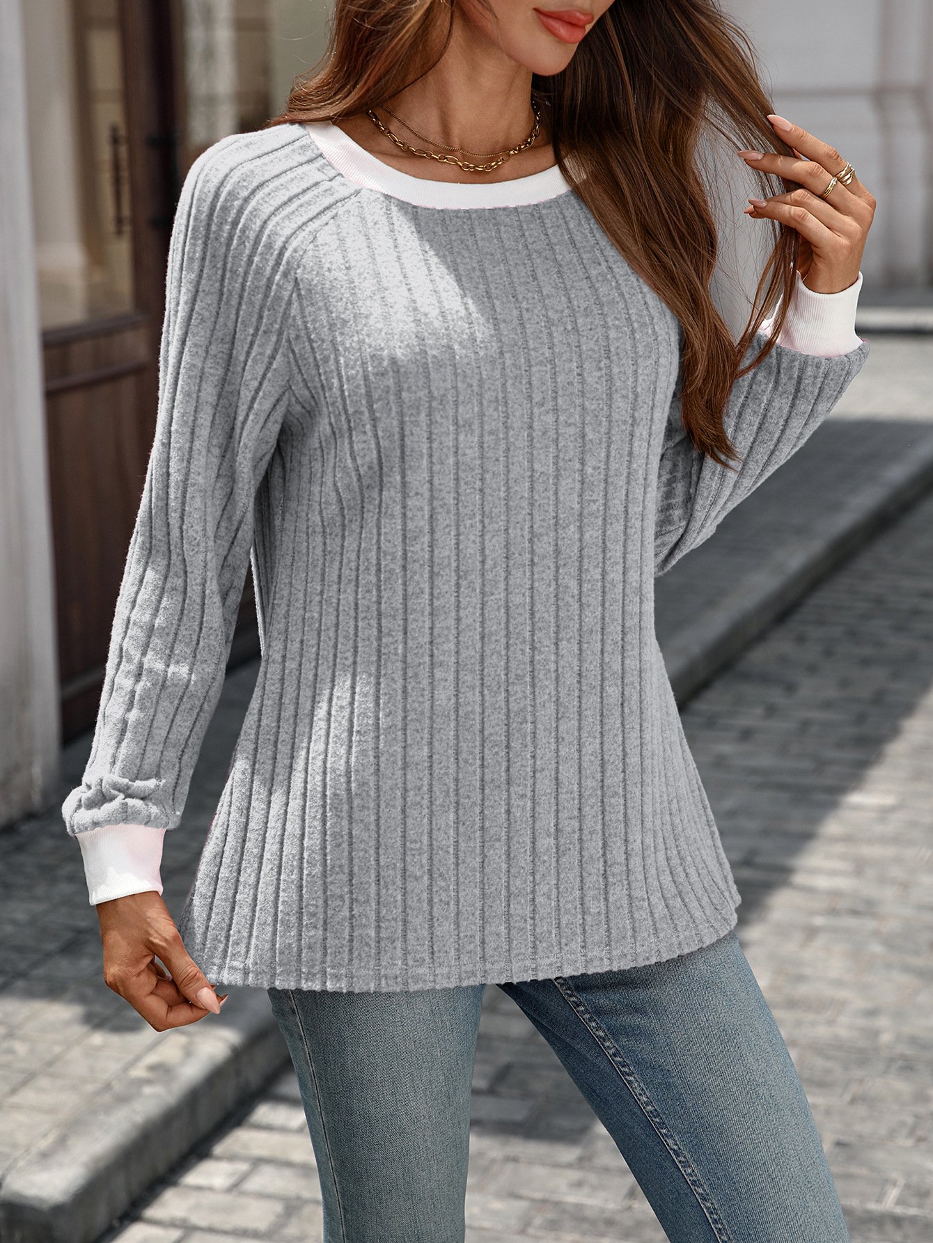 Women Color Block Crew Neck Casual Long Sleeve T-shirt