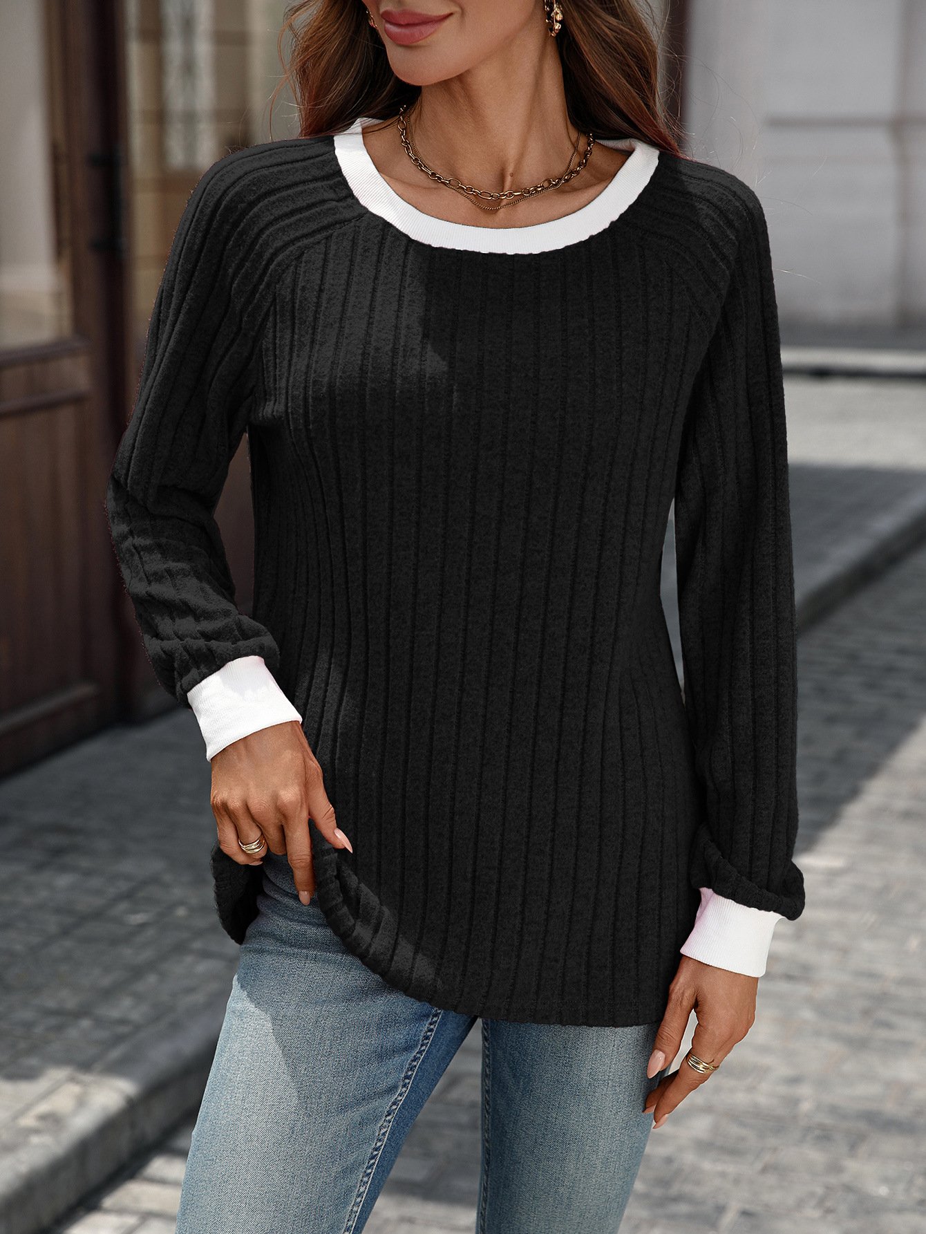 Women Color Block Crew Neck Casual Long Sleeve T-shirt