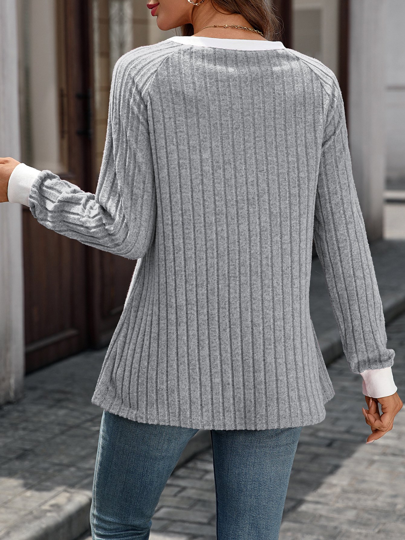 Women Color Block Crew Neck Casual Long Sleeve T-shirt