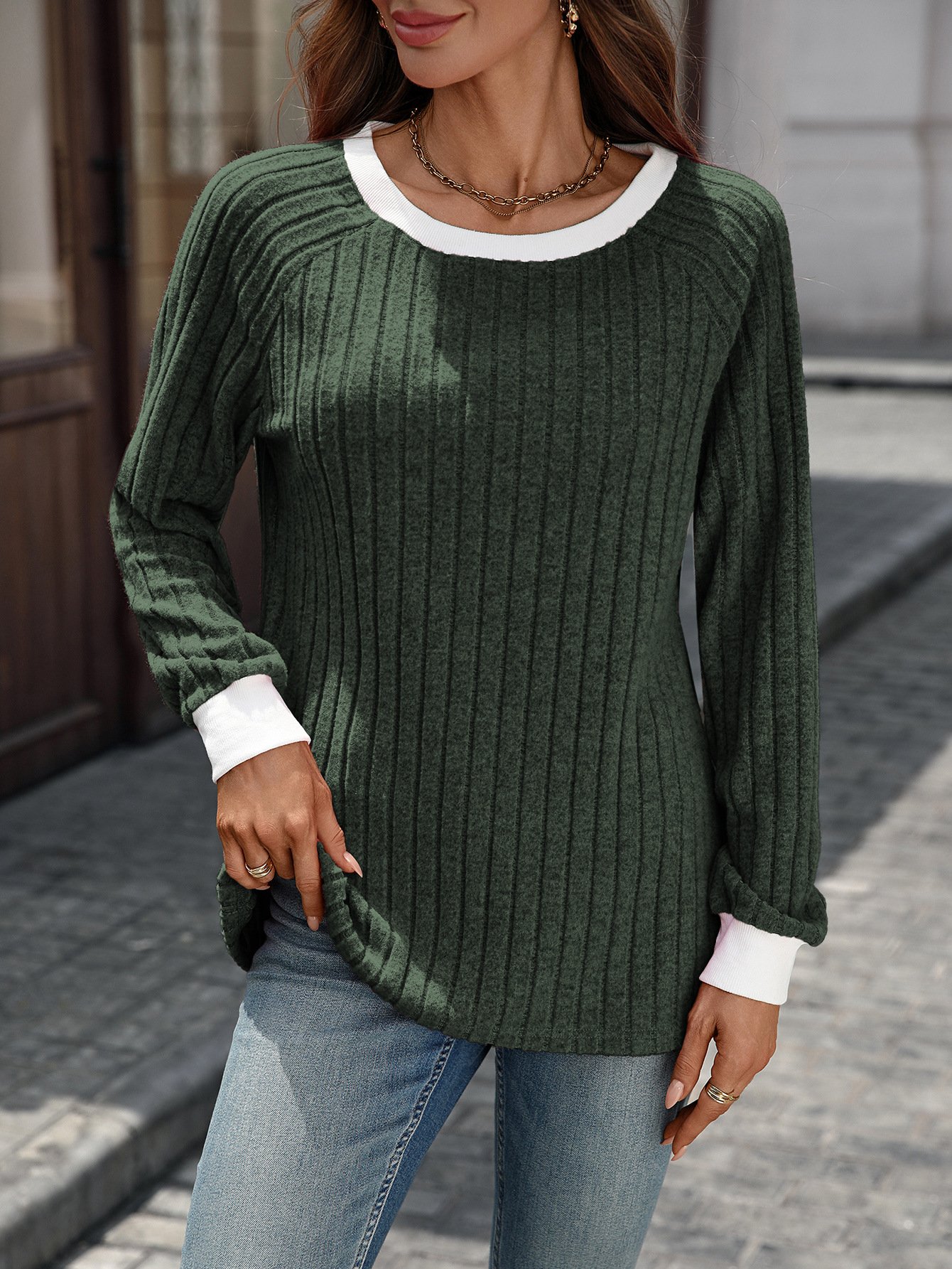Women Color Block Crew Neck Casual Long Sleeve T-shirt