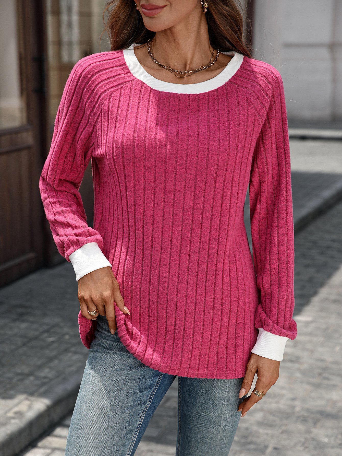 Women Color Block Crew Neck Casual Long Sleeve T-shirt