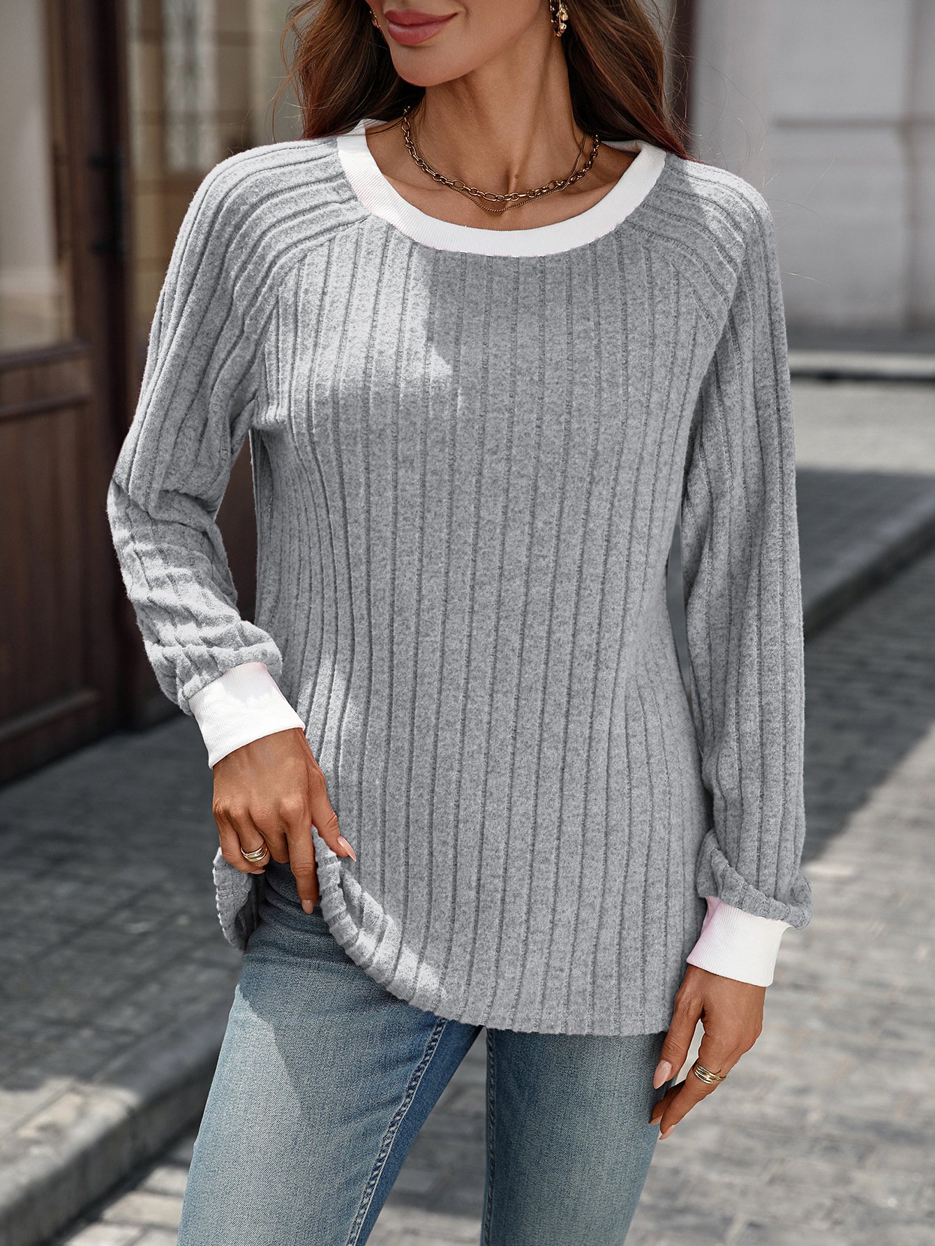 Women Color Block Crew Neck Casual Long Sleeve T-shirt