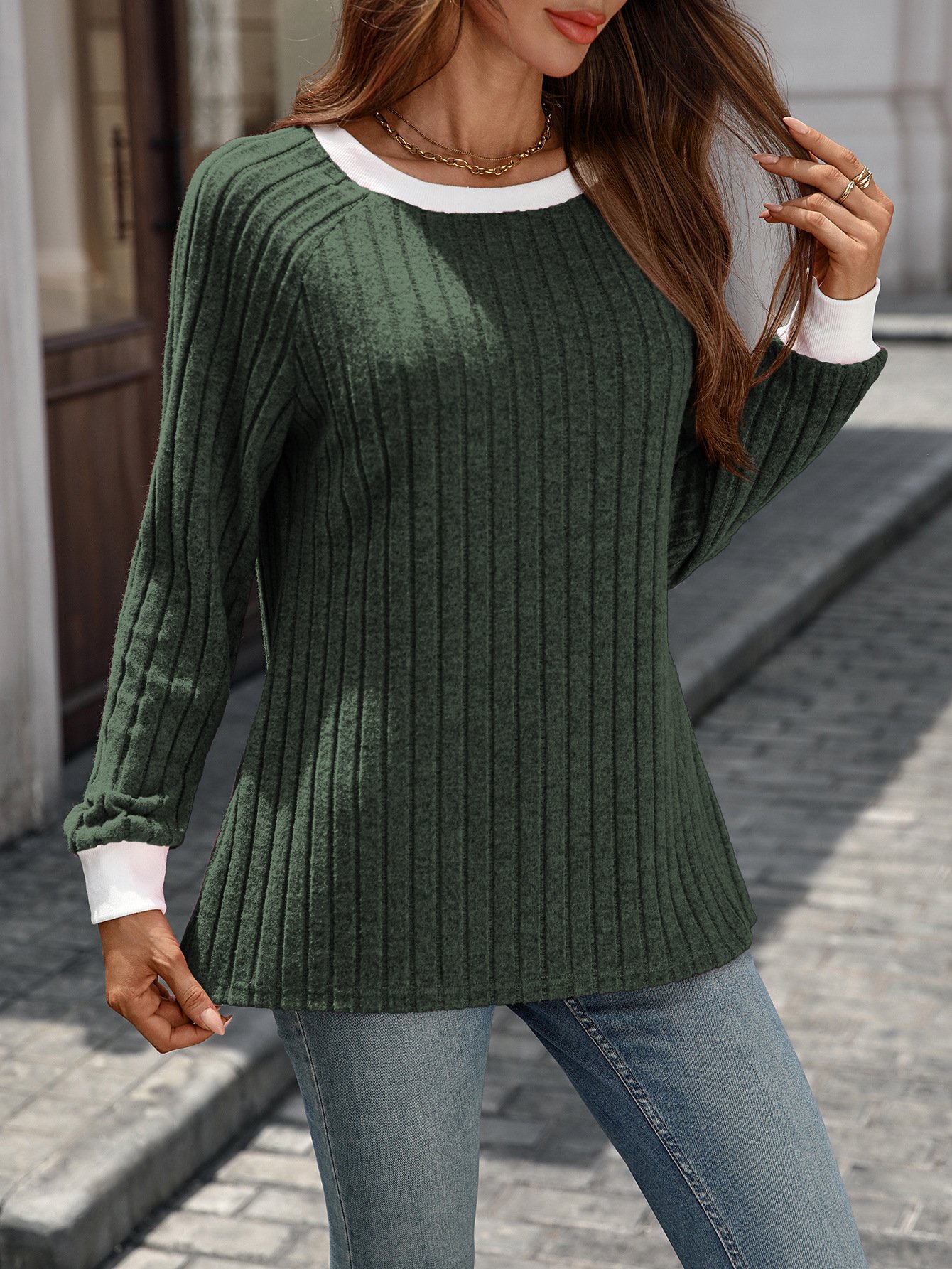 Women Color Block Crew Neck Casual Long Sleeve T-shirt