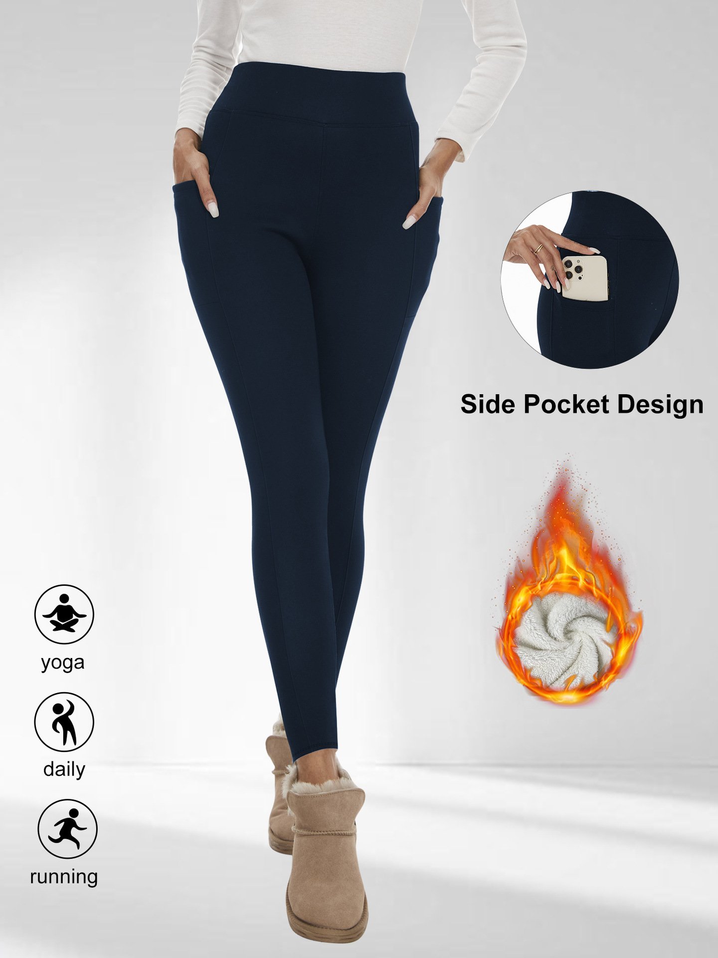 Thickened Fleece Leggings High Waist With Pockets For Women Autumn And Winter Tight Warm Yoga Pants