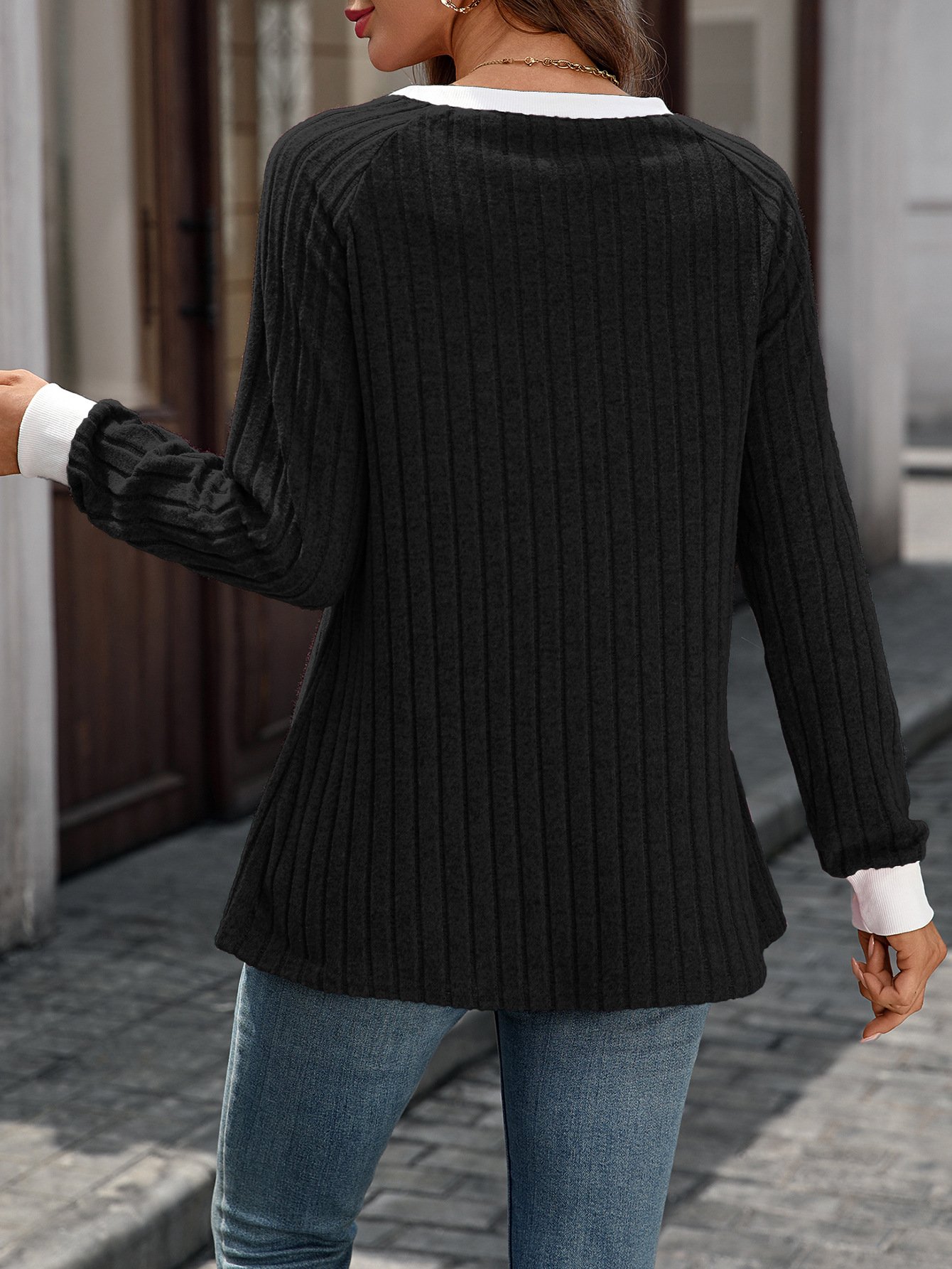 Women Color Block Crew Neck Casual Long Sleeve T-shirt