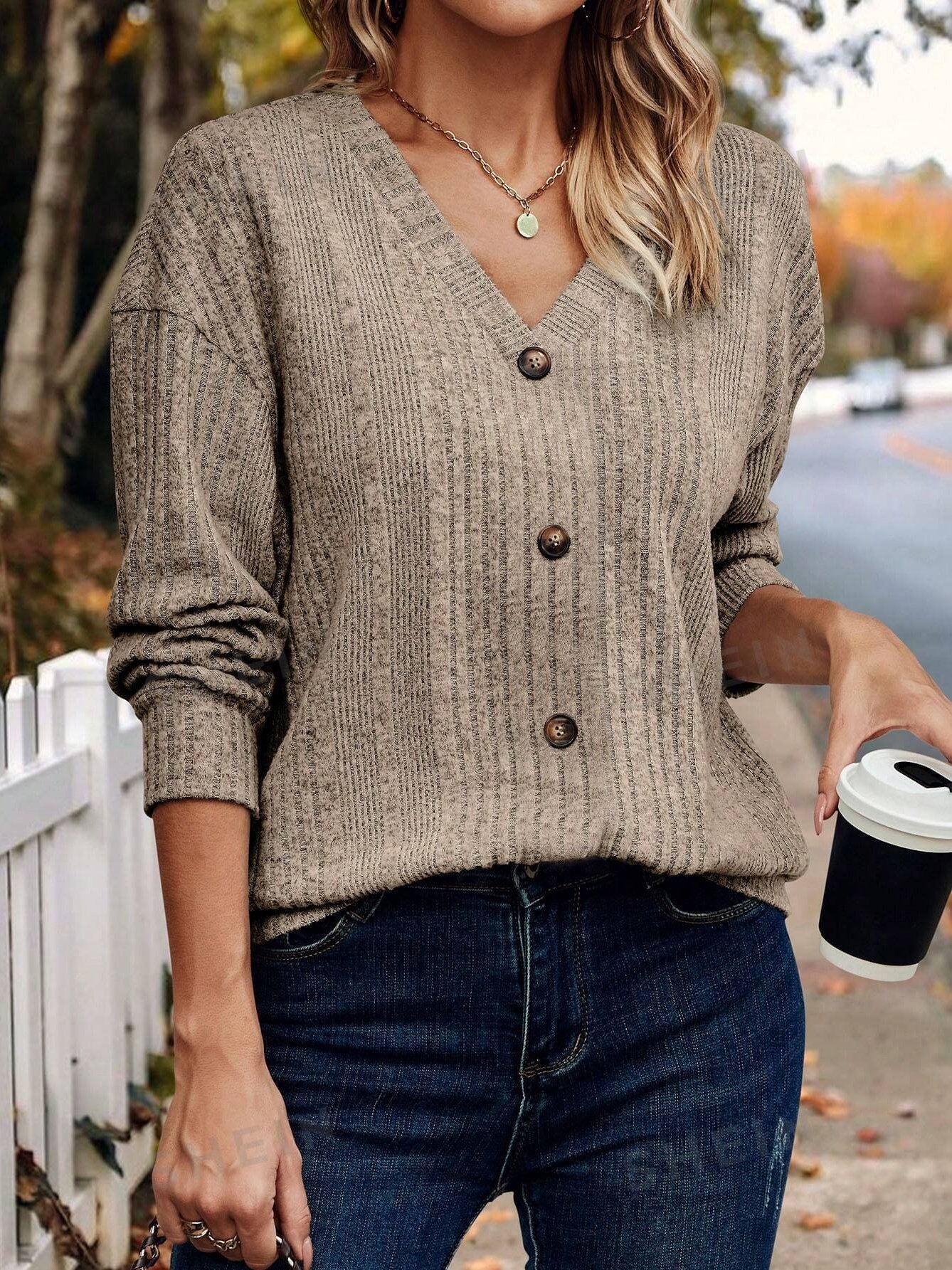 Women Plain V Neck Casual Long Sleeve T-shirt