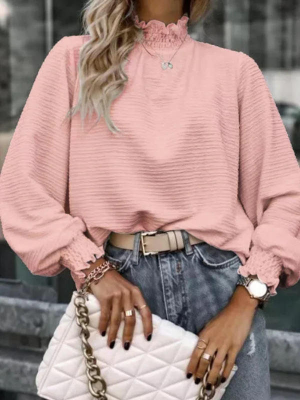 Women Geometric Stand Collar Vintage Long Sleeve T-shirt