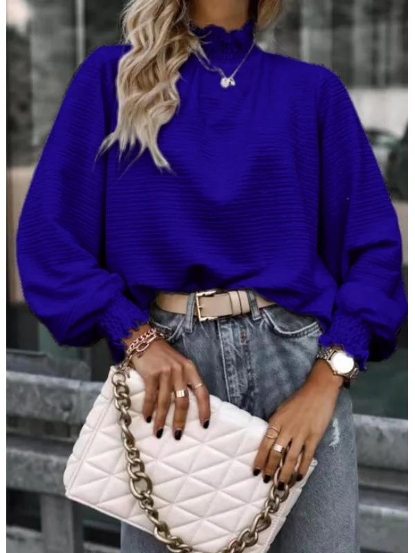 Women Geometric Stand Collar Vintage Long Sleeve T-shirt