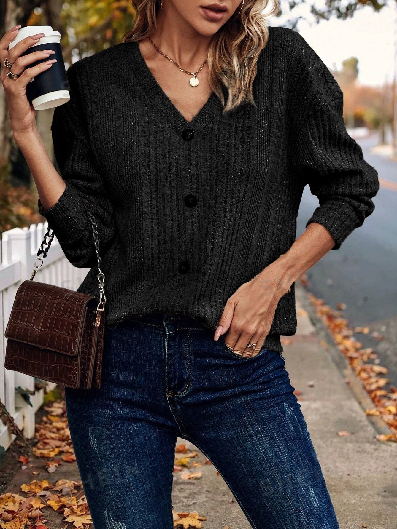 Women Plain V Neck Casual Long Sleeve T-shirt