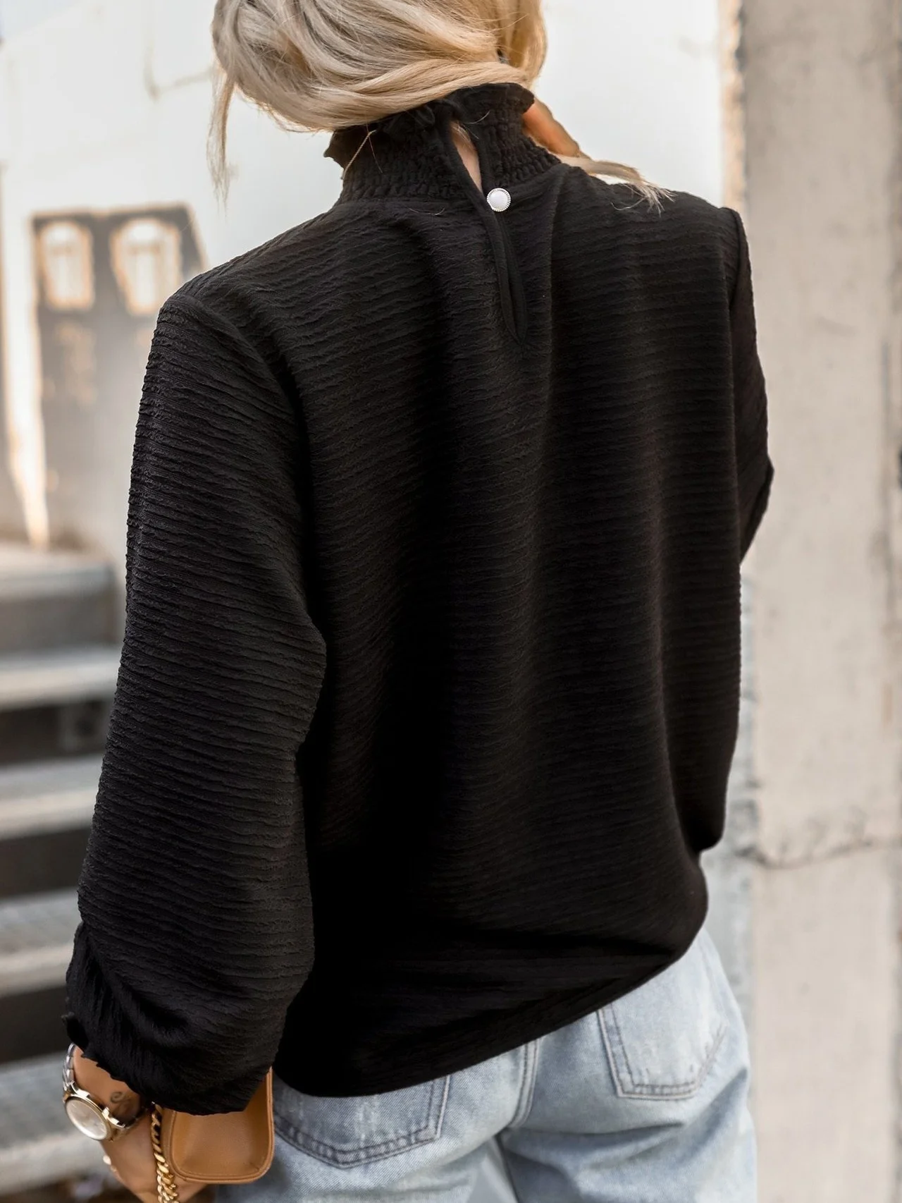 Women Geometric Stand Collar Vintage Long Sleeve T-shirt