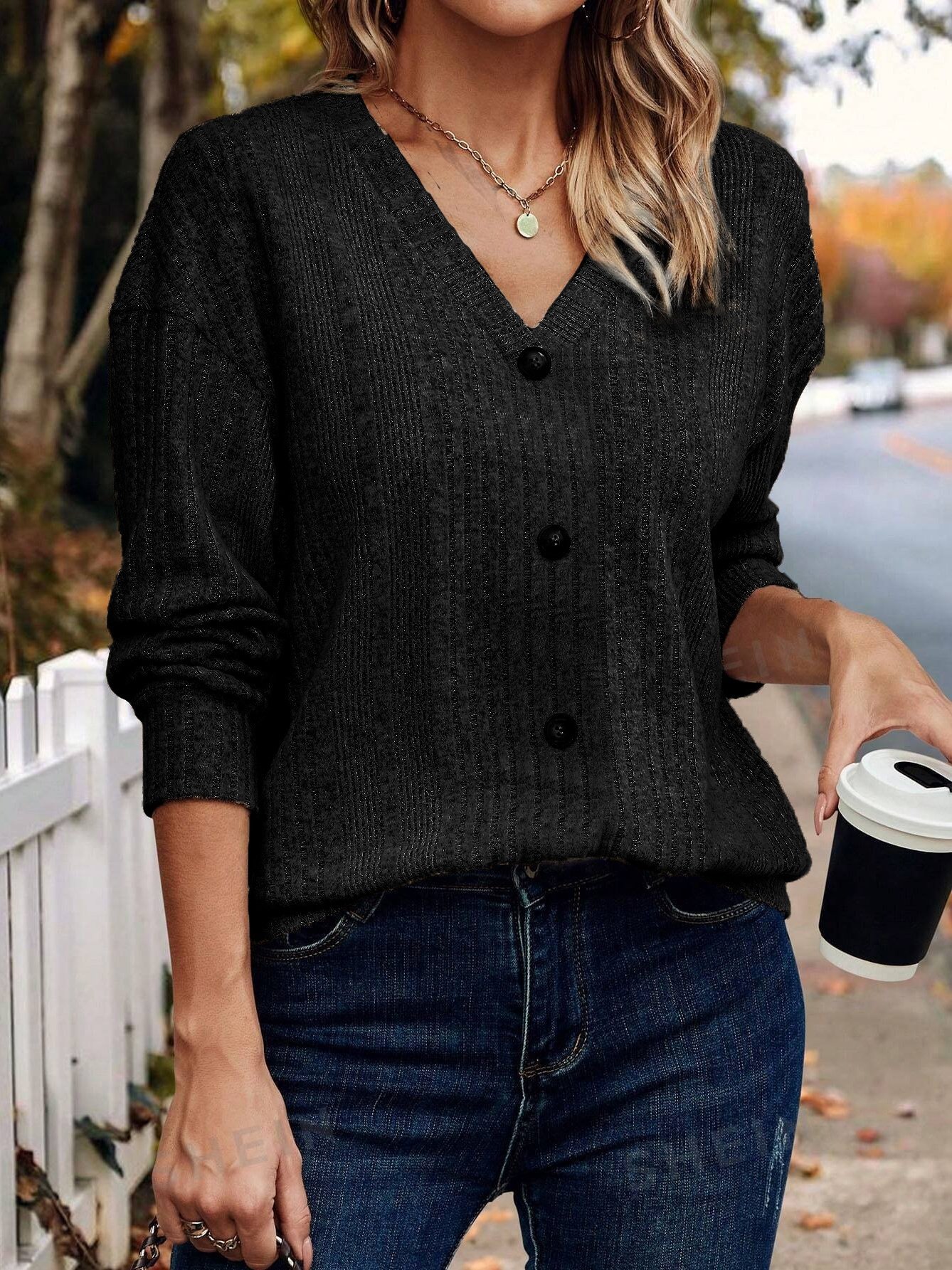 Women Plain V Neck Casual Long Sleeve T-shirt