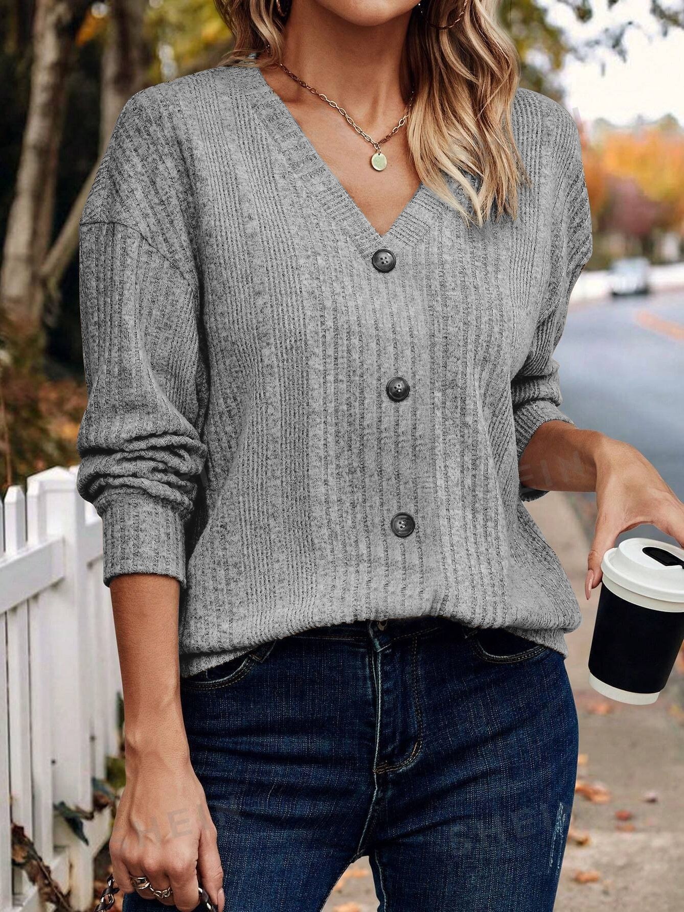 Women Plain V Neck Casual Long Sleeve T-shirt