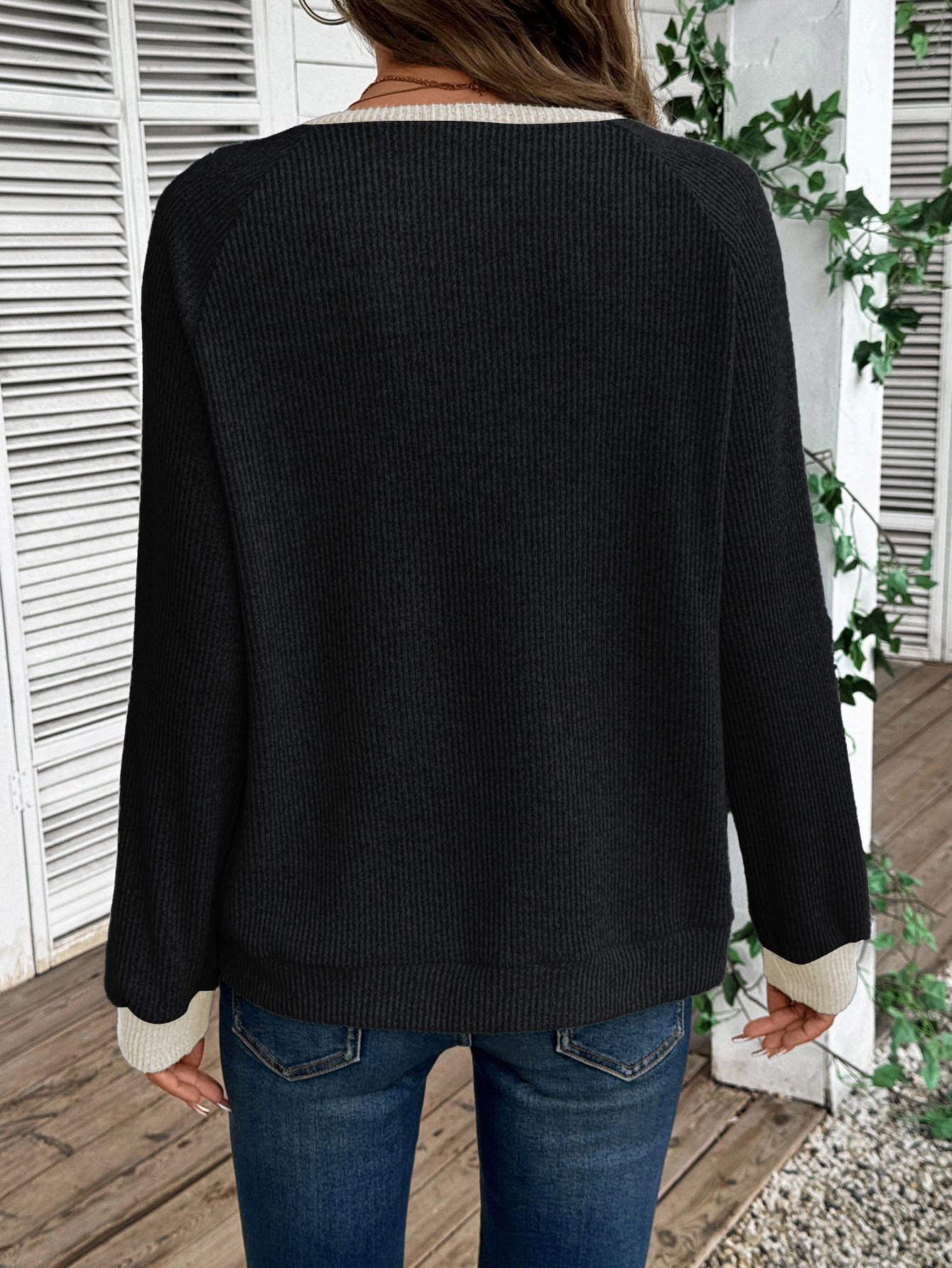 Women Color Block V Neck Casual Long Sleeve T-shirt