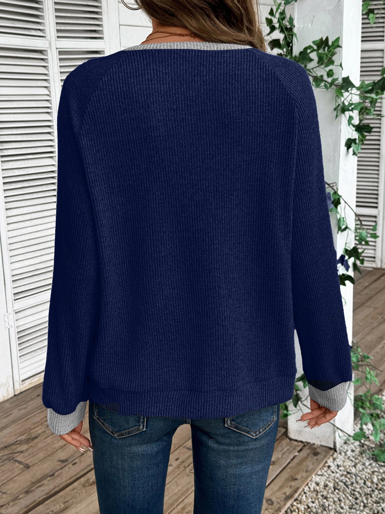 Women Color Block V Neck Casual Long Sleeve T-shirt
