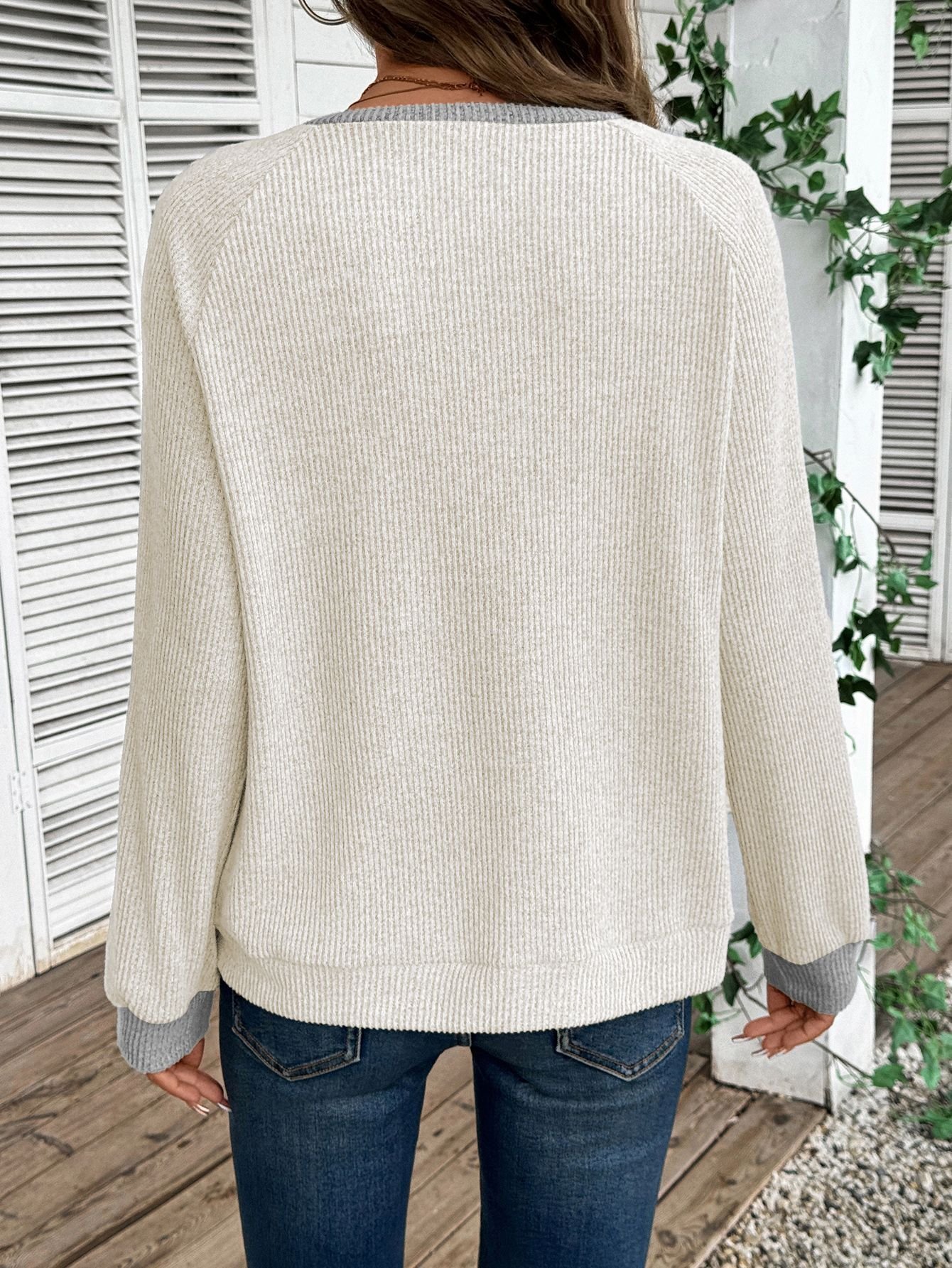 Women Color Block V Neck Casual Long Sleeve T-shirt