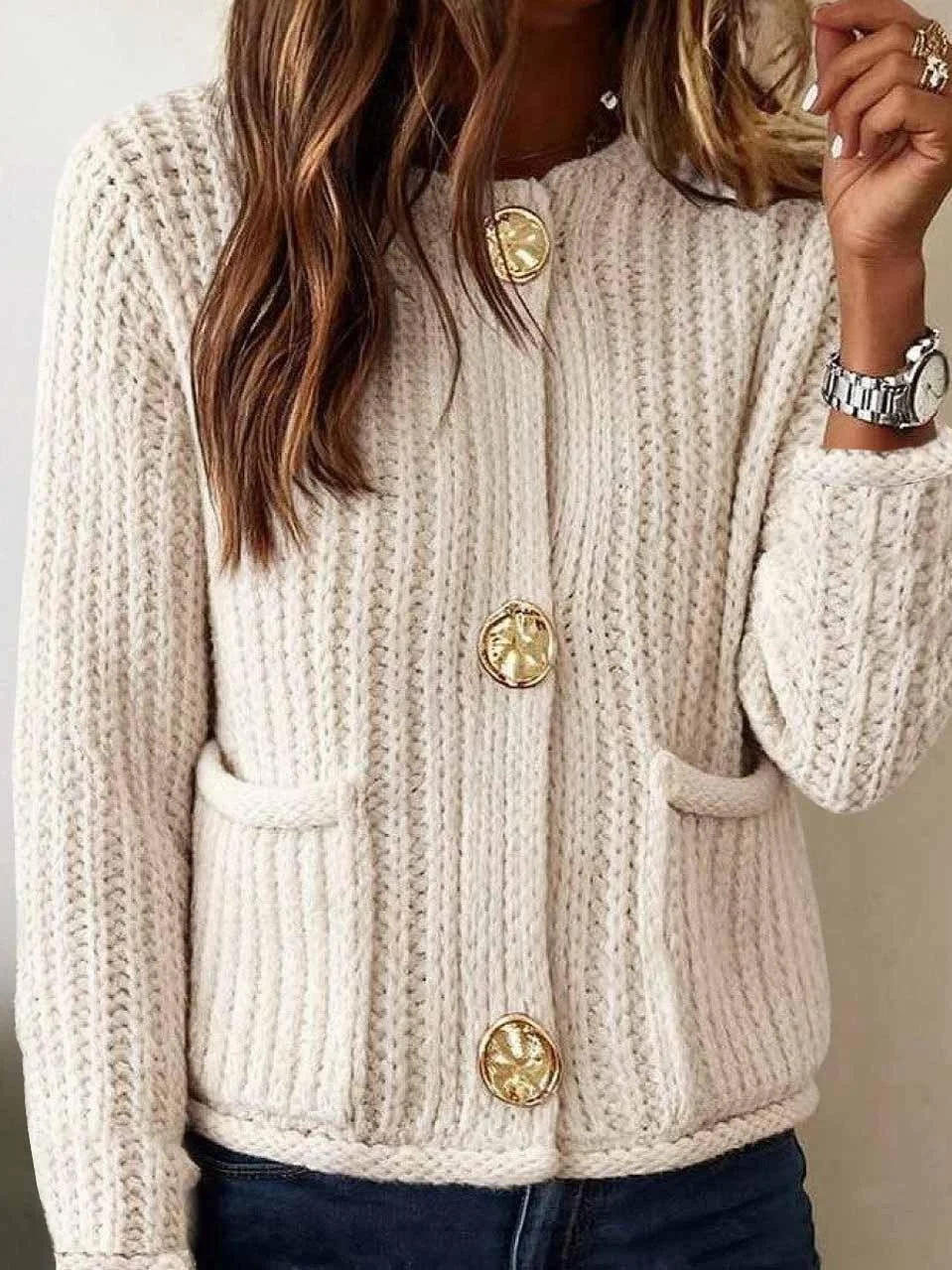 Loose Crew Neck Plain Vintage Cardigan
