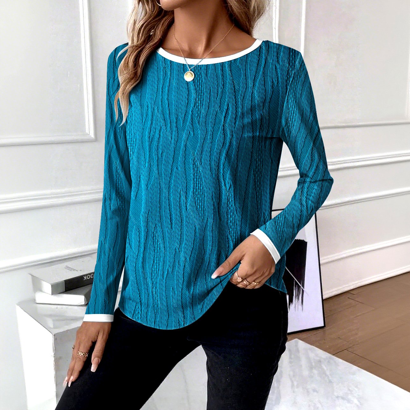 Women Plain Crew Neck Casual Long Sleeve T-shirt