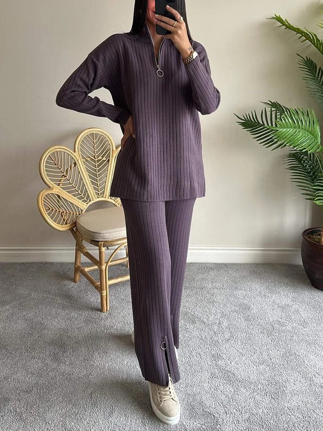 Women's Embossed Plain Daily Going Out Two-Piece Set Apricot Casual Spring/Fall Top With Pants Matching Set