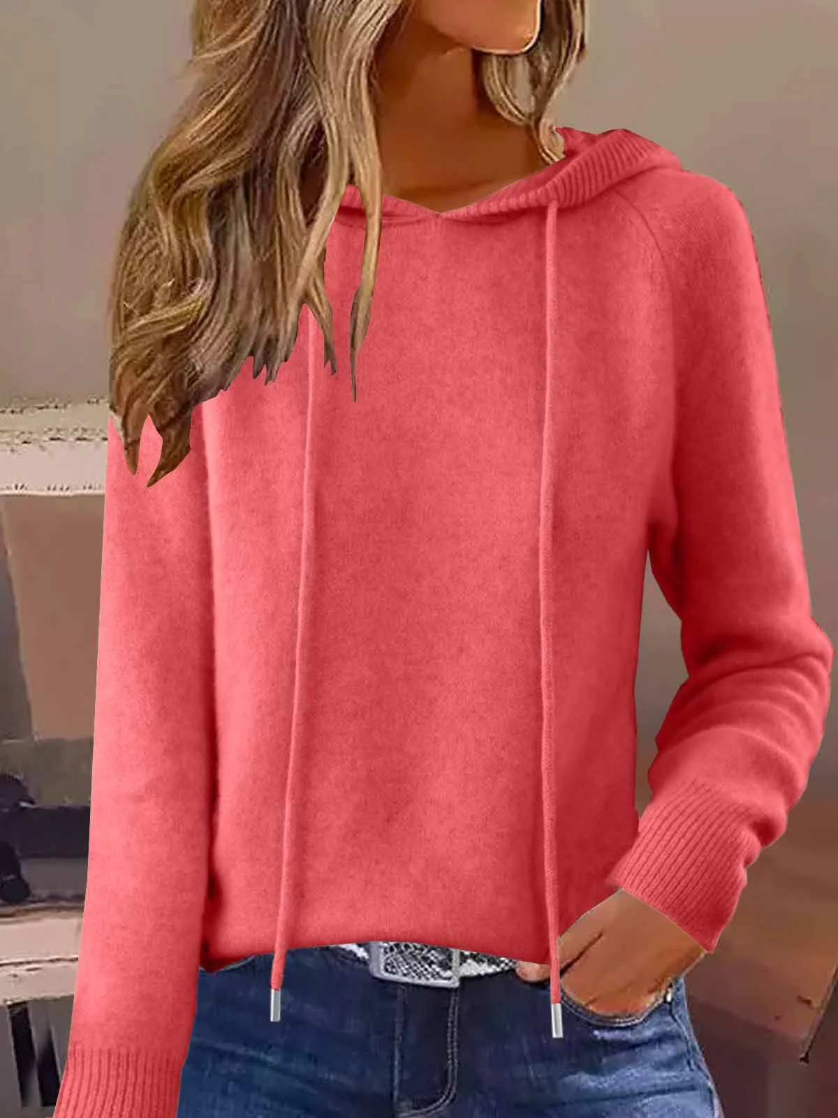 Women's Autumn And Winter Hooded Sweatshirt Solid Color Outer Wear Hooded Sweater Loose Drawstring Casual Style