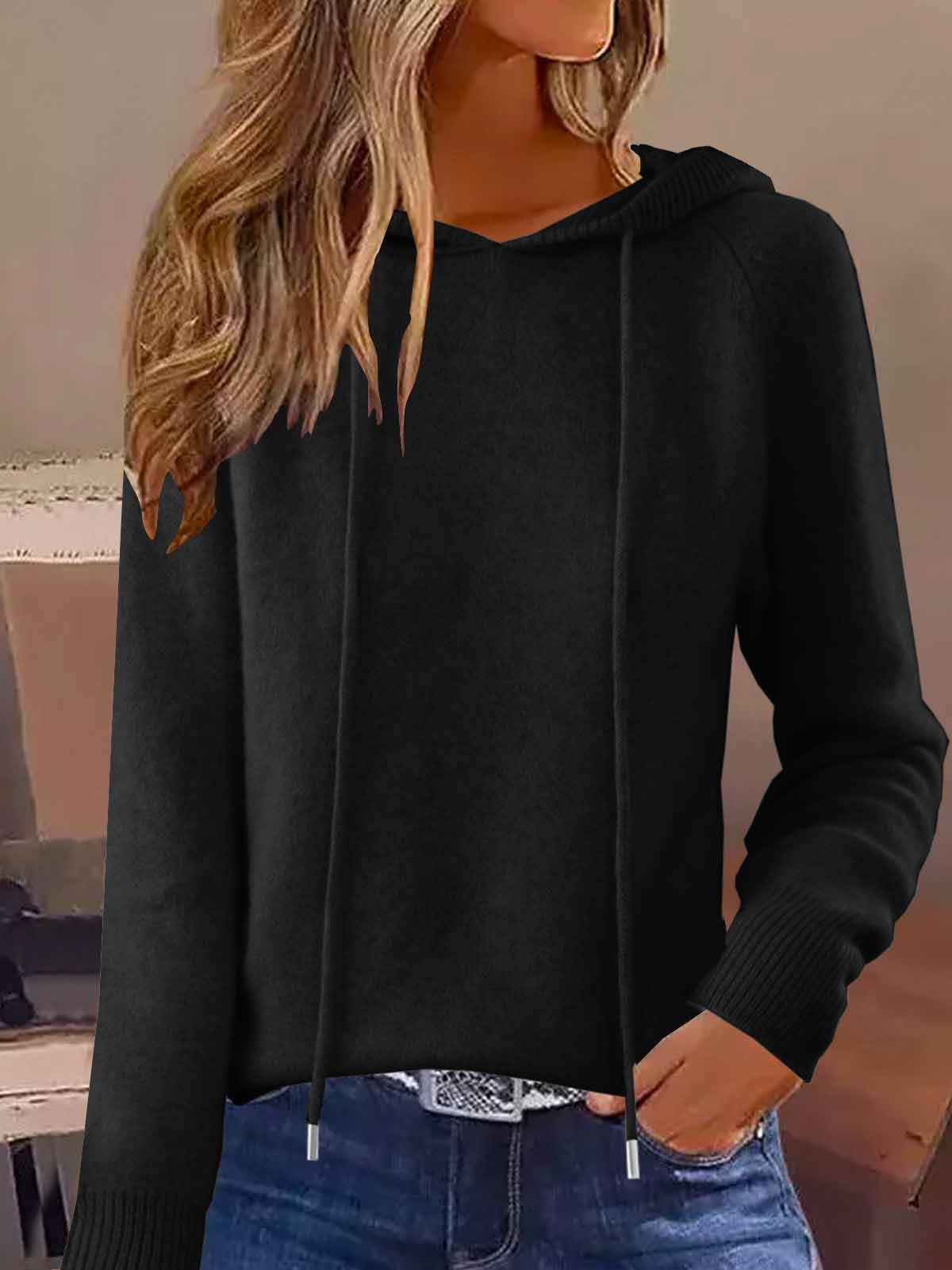 Women's Autumn And Winter Hooded Sweatshirt Solid Color Outer Wear Hooded Sweater Loose Drawstring Casual Style
