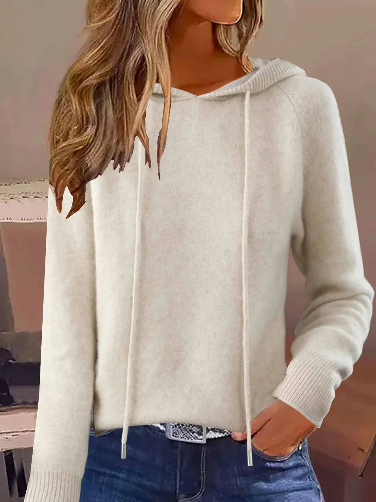 Women's Autumn And Winter Hooded Sweatshirt Solid Color Outer Wear Hooded Sweater Loose Drawstring Casual Style